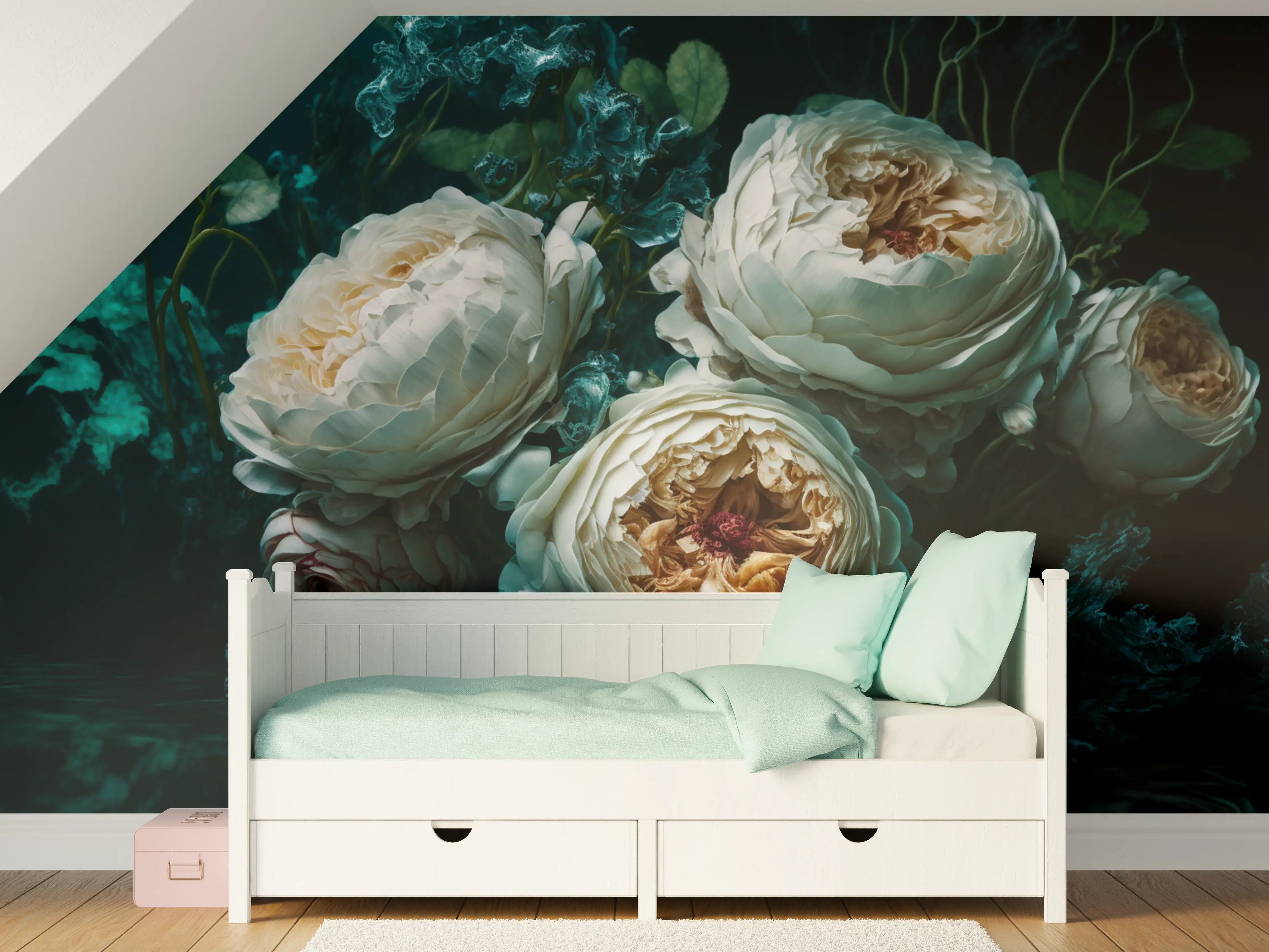 Kinderzimmer Wandgestaltung - Elegante weiße Rosen unter Wasser