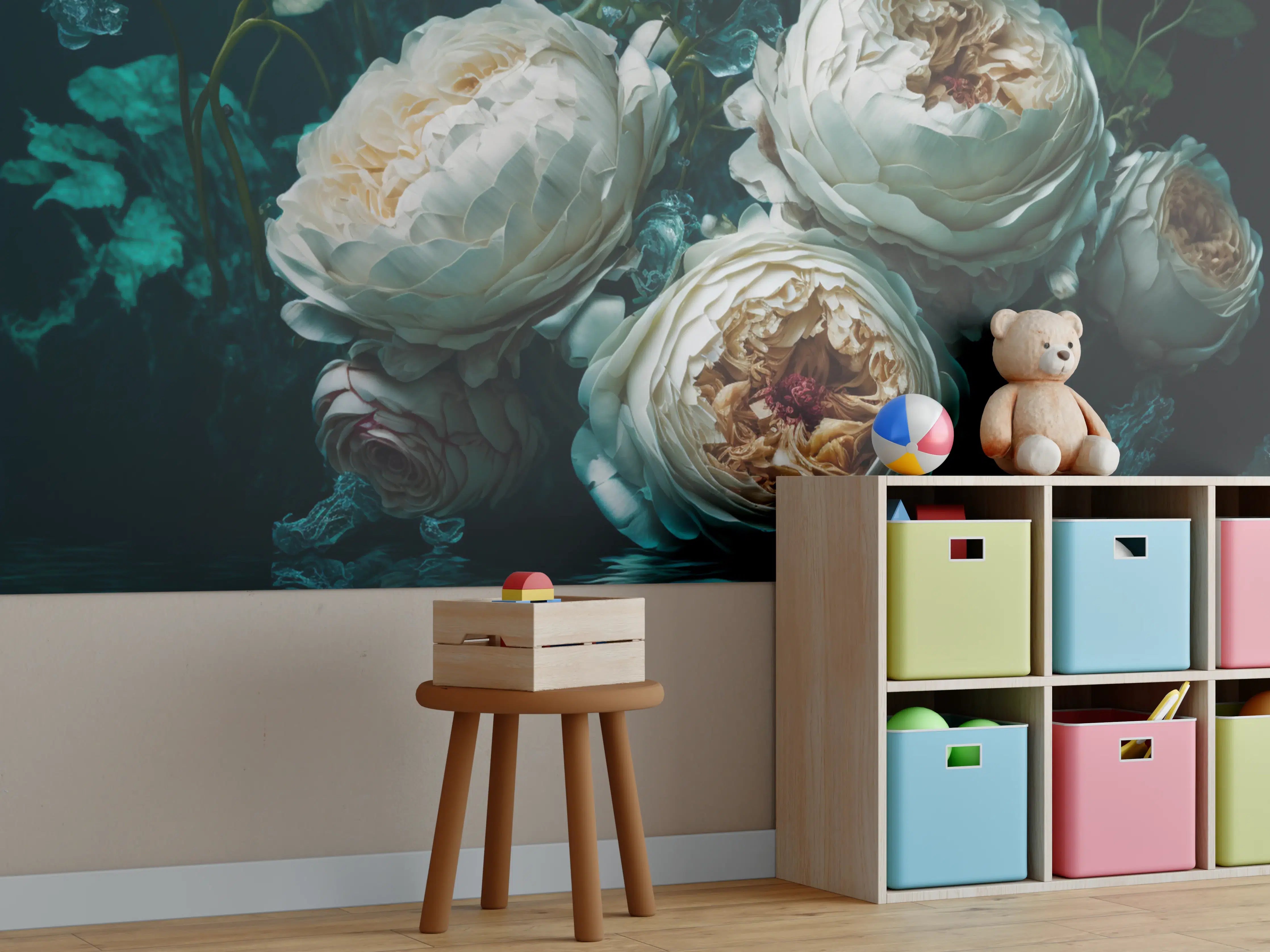 Kinderzimmer Wandgestaltung - Elegante weiße Rosen unter Wasser