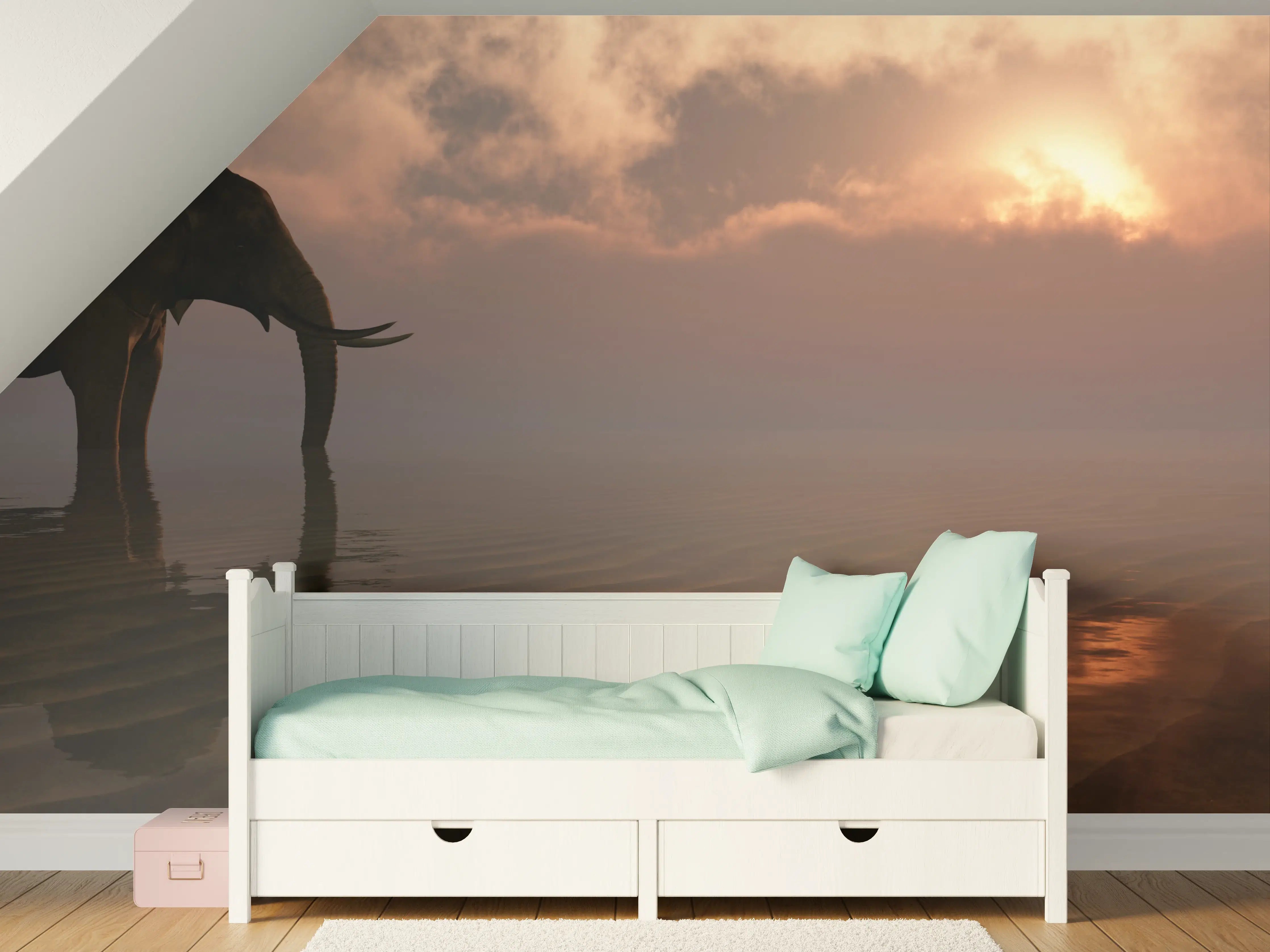 Kinderzimmer Wandgestaltung - Eleganter Elefant im Sonnenuntergang
