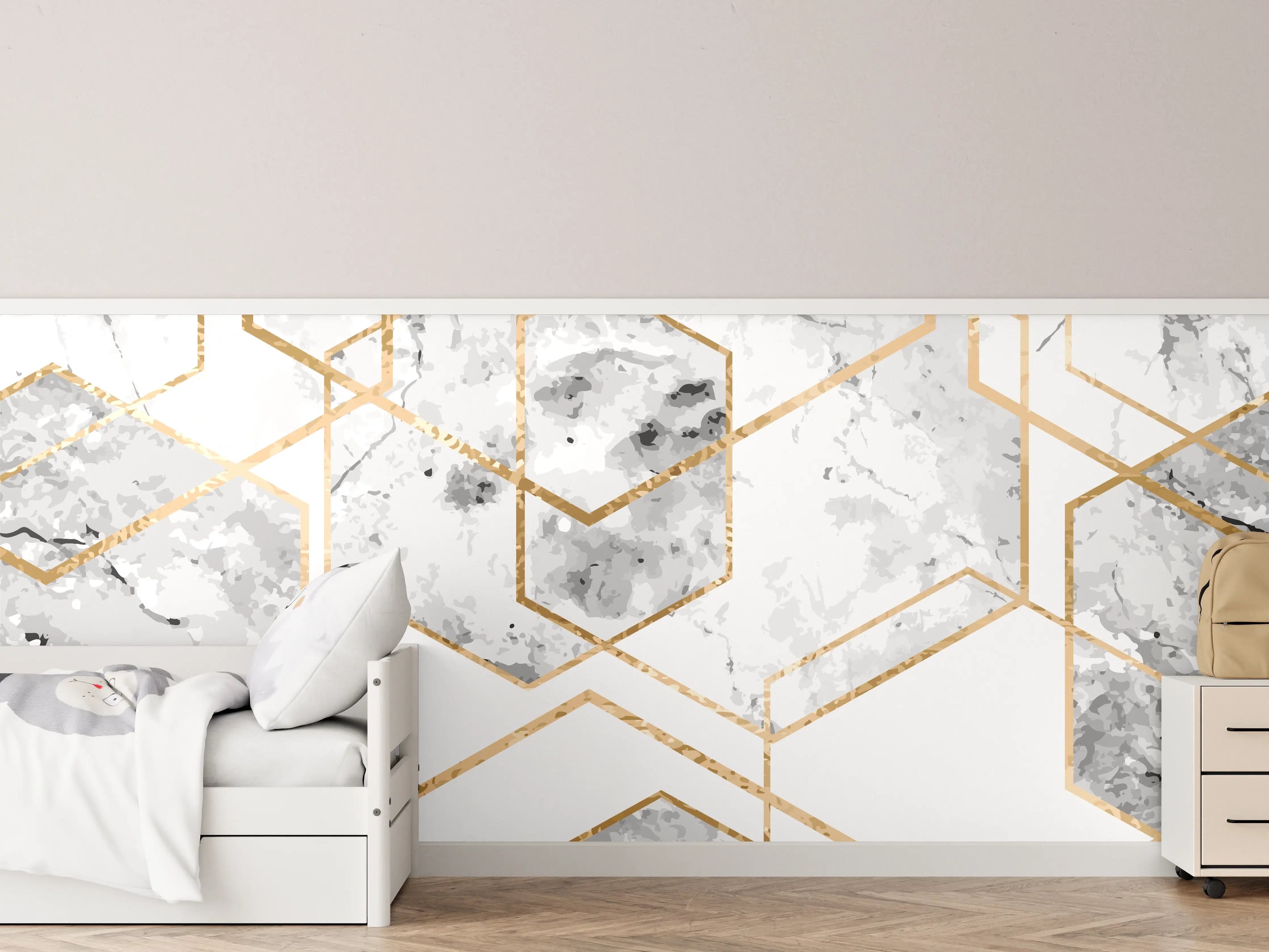 Kinderzimmer Wandgestaltung - Eleganter Weiß-Gold Marmor-Look