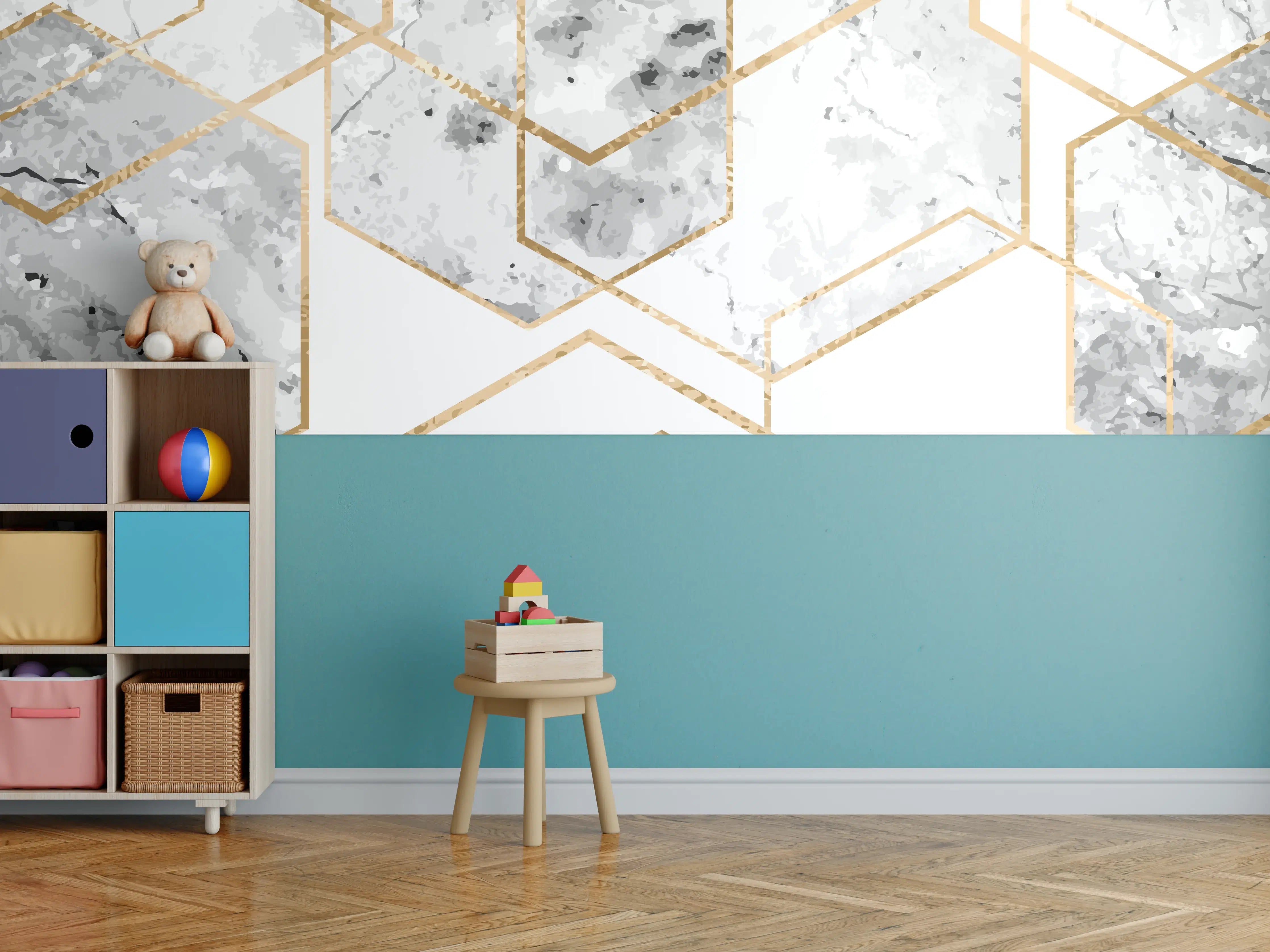 Kinderzimmer Wandgestaltung - Eleganter Weiß-Gold Marmor-Look