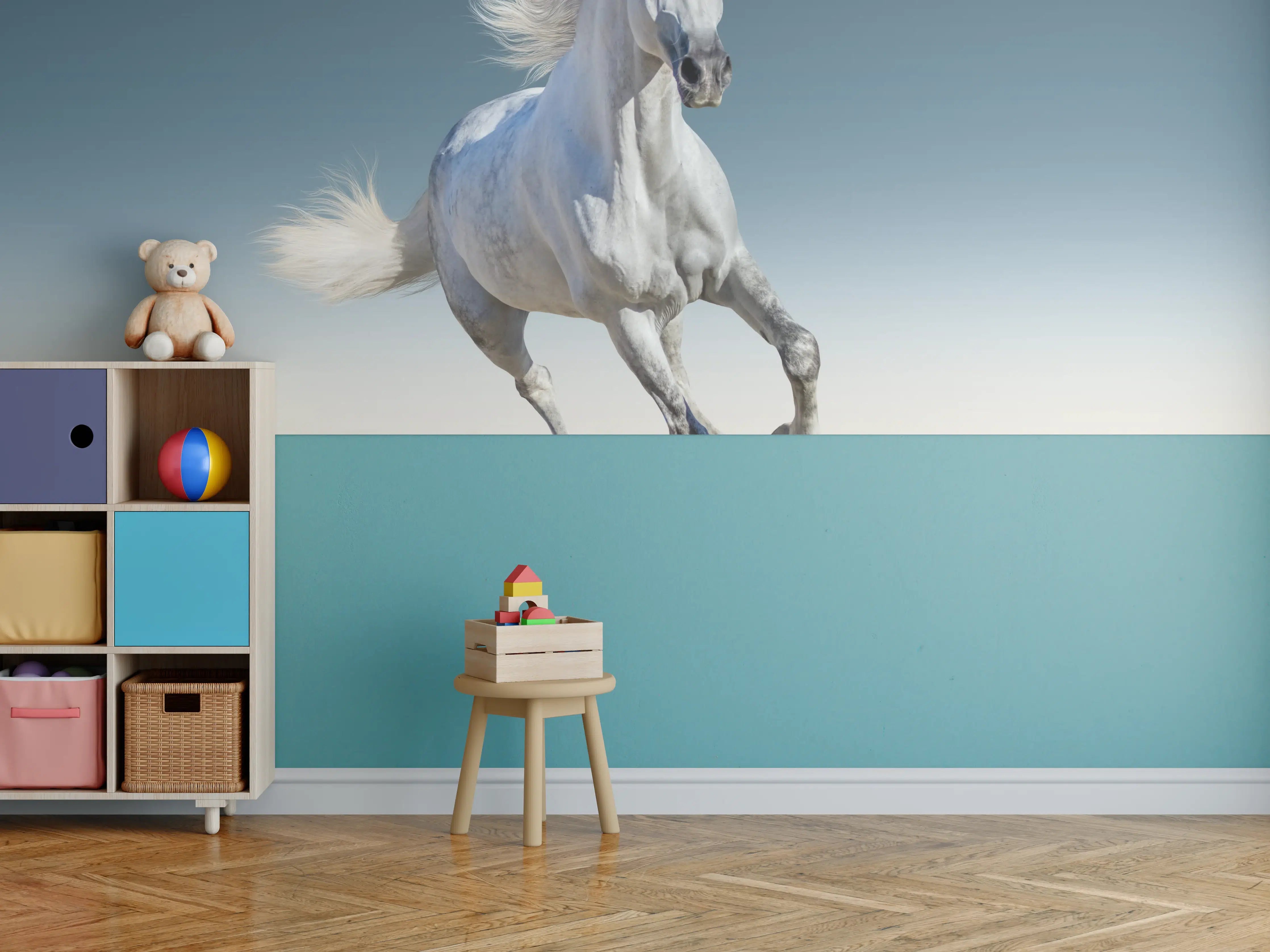 Kinderzimmer Wandgestaltung - Eleganter galoppierender weißer Pferd in Wüstenlandschaft