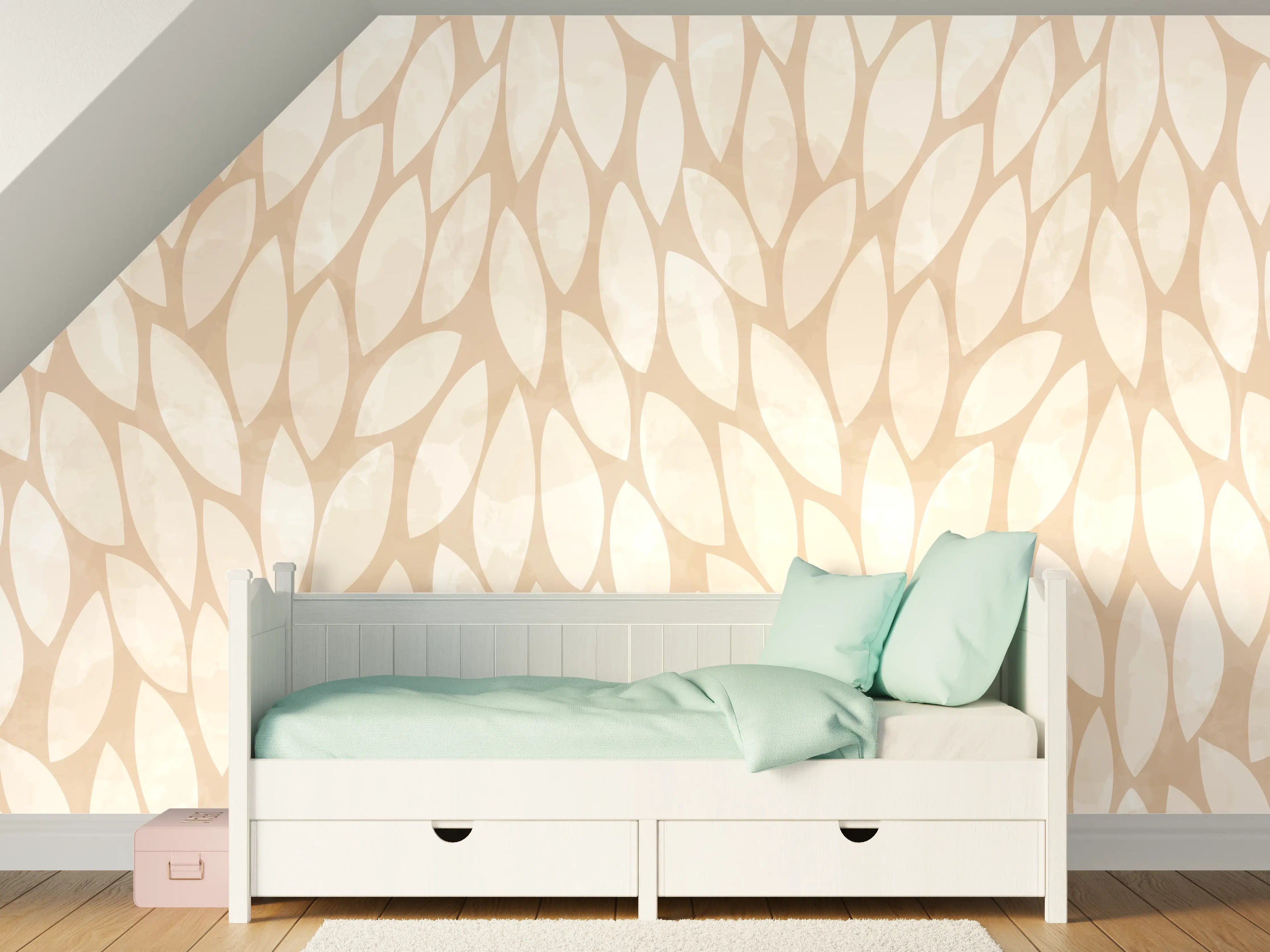 Kinderzimmer Wandgestaltung - Elegantes Beige-Tapetenmuster mit Blattdesign