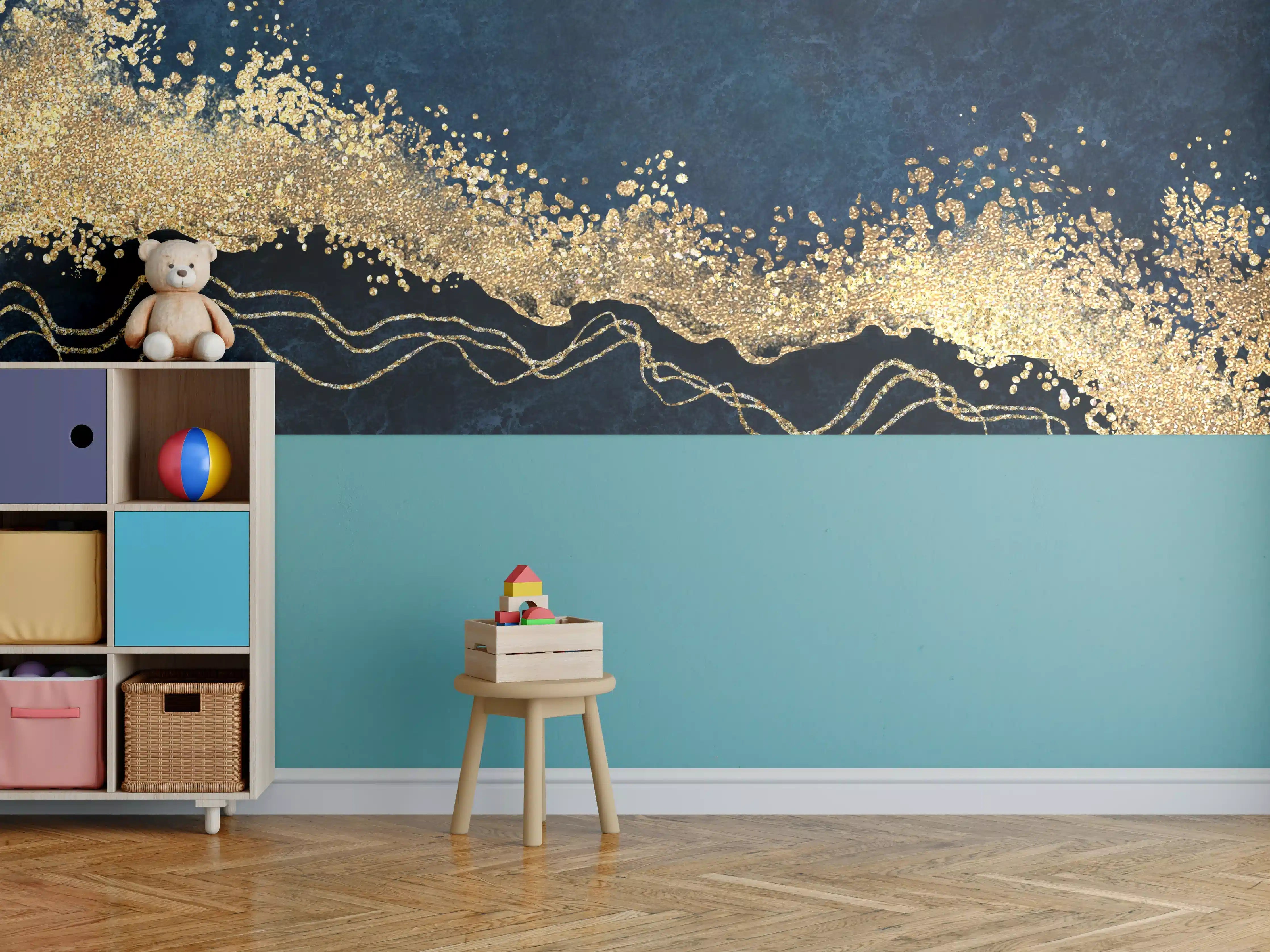 Kinderzimmer Wandgestaltung - Elegantes Blau-Gold-Design mit Struktur