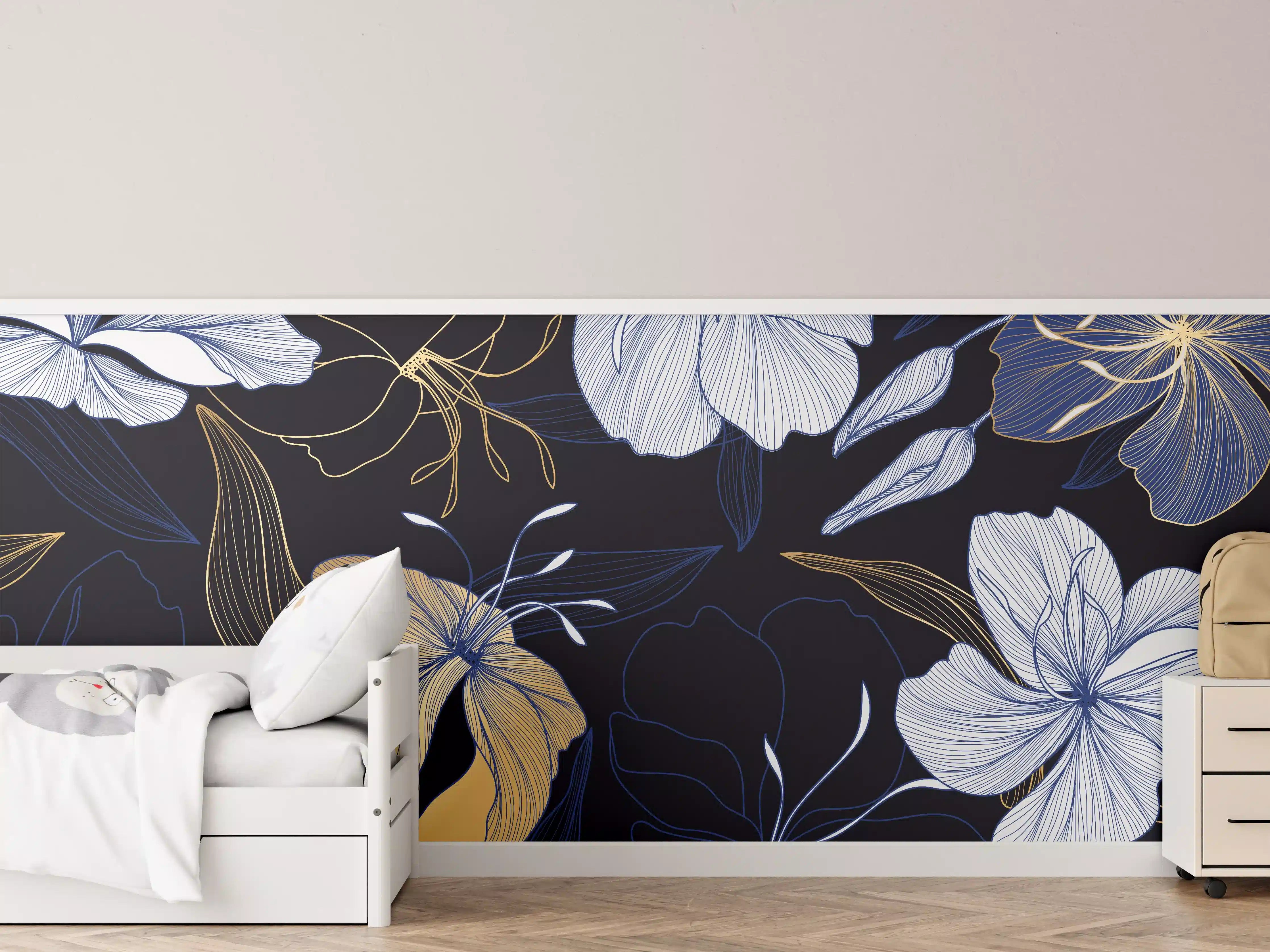 Kinderzimmer Wandgestaltung - Elegantes Blumen-Muster Dunkelblau