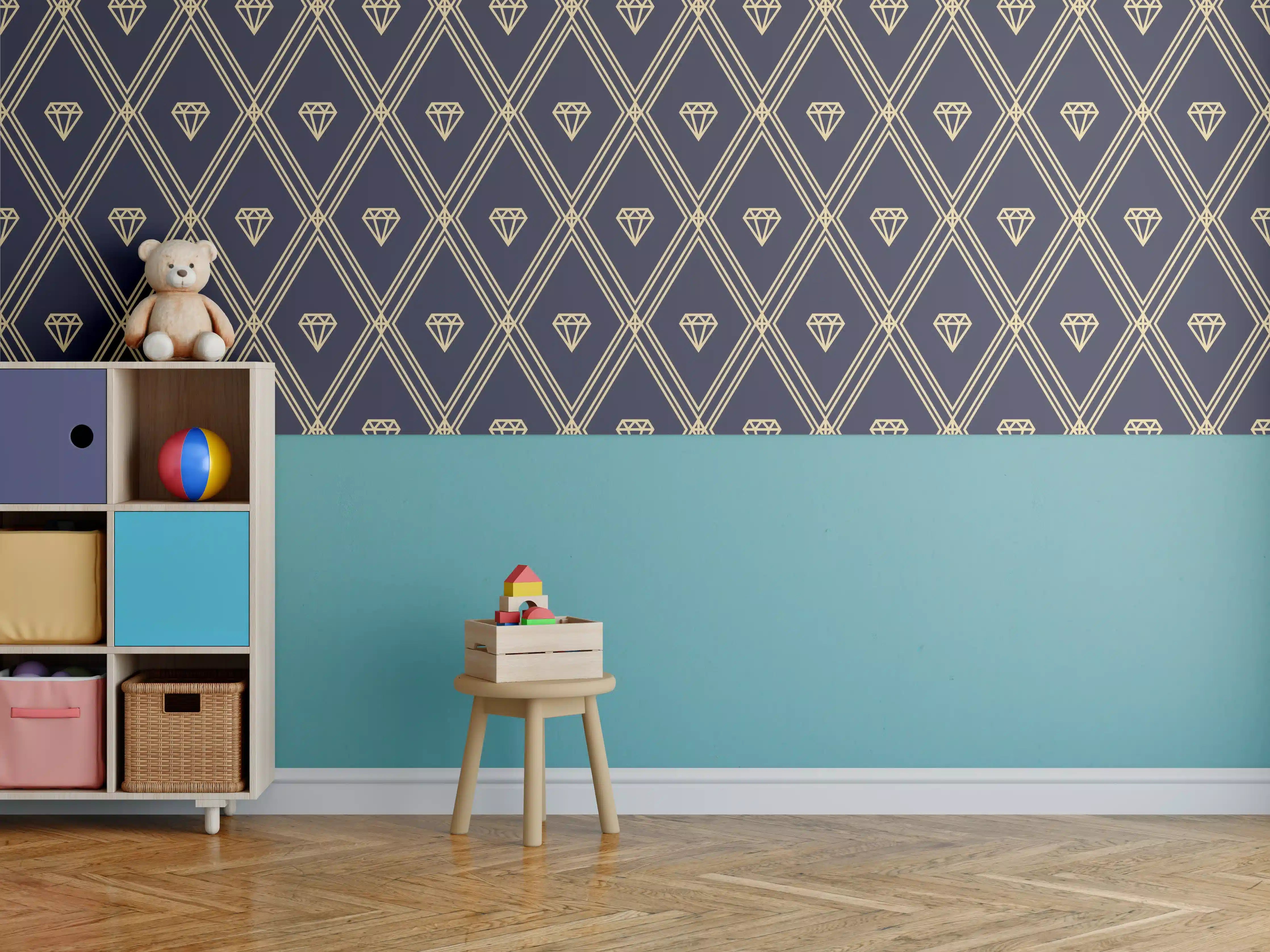 Kinderzimmer Wandgestaltung - Elegantes Dunkelblau Diagonalmuster