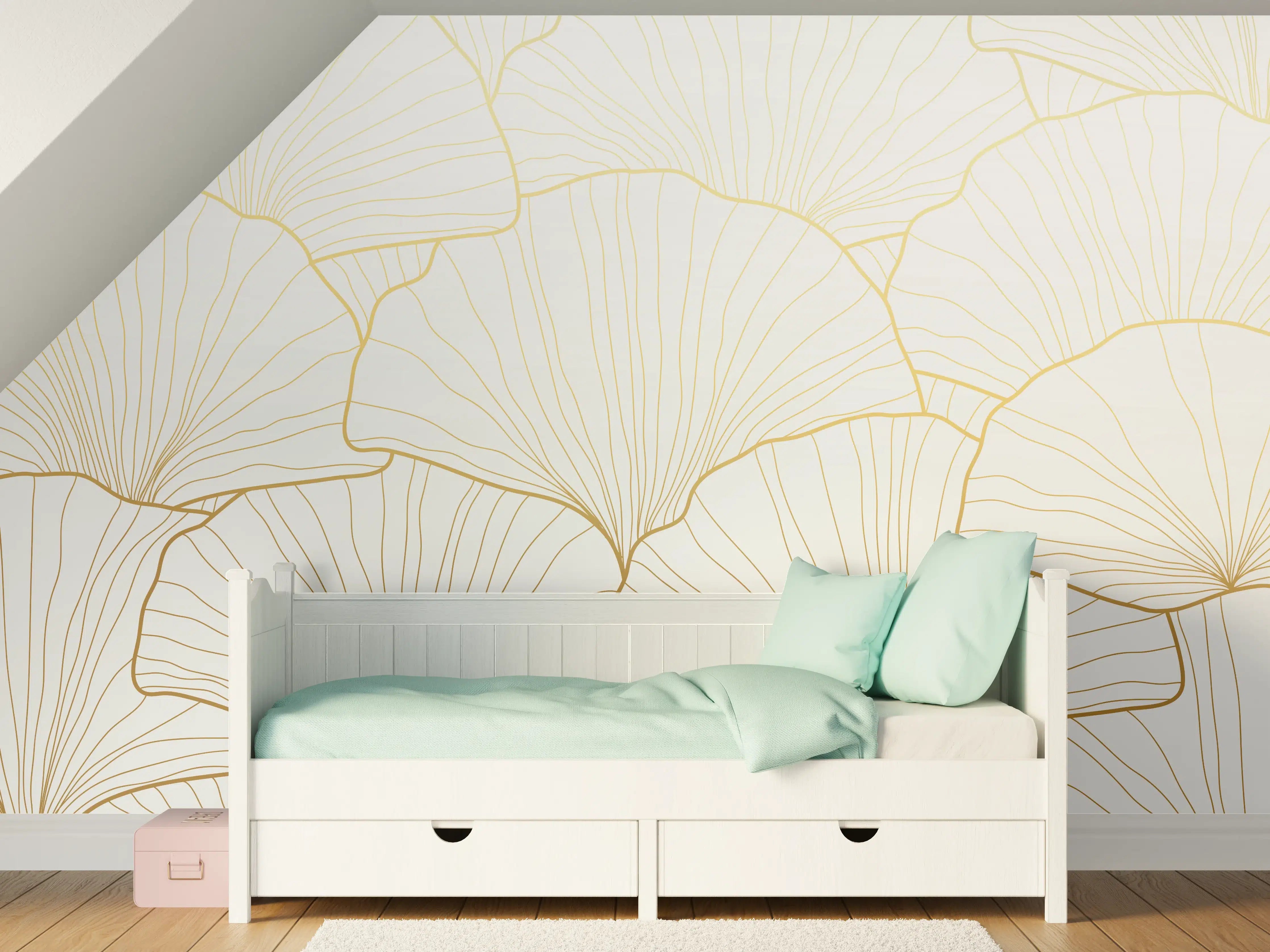 Kinderzimmer Wandgestaltung - Elegantes Ginkgo-Blatt Design Weiß-Gold