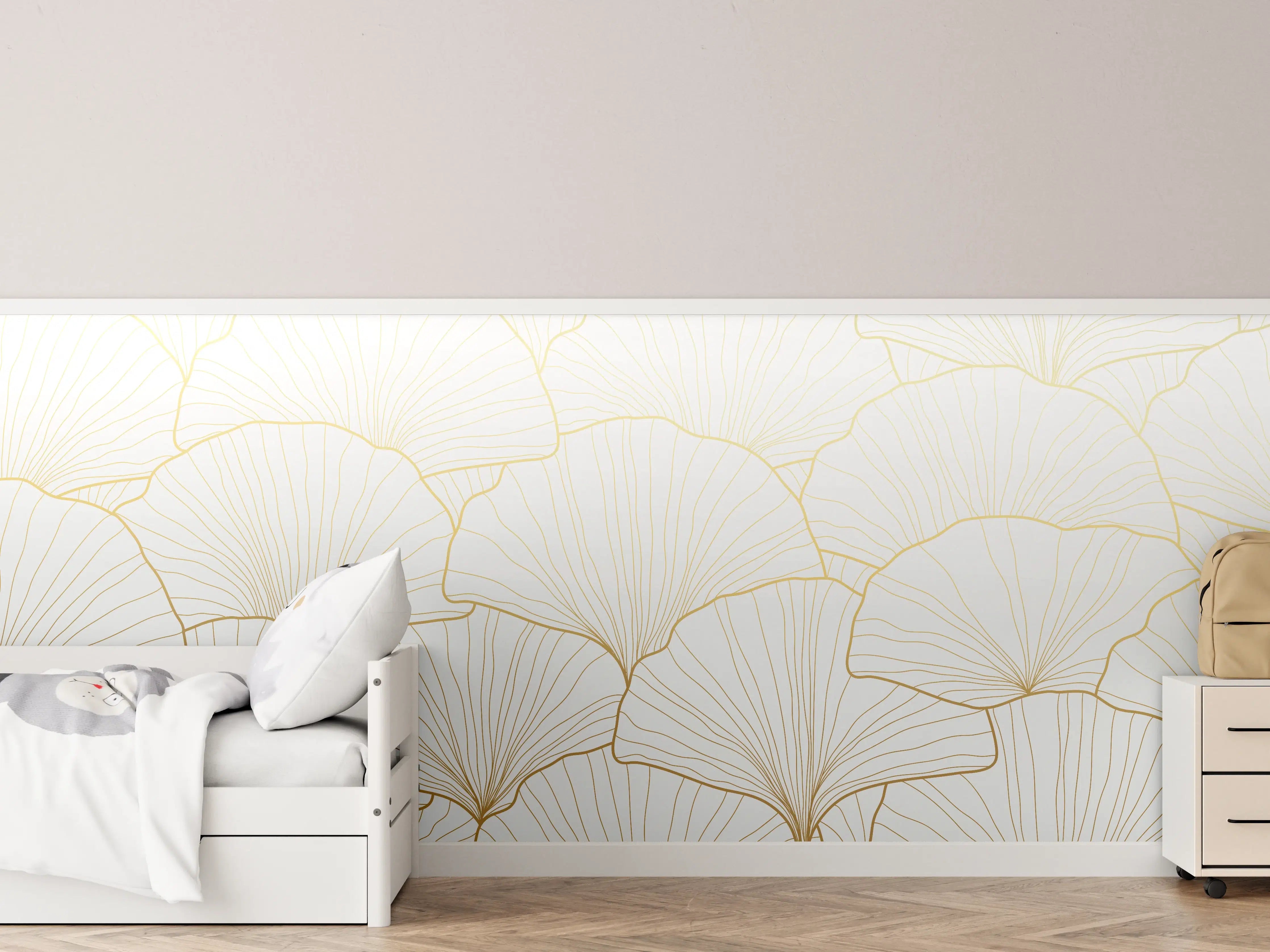 Kinderzimmer Wandgestaltung - Elegantes Ginkgo-Blatt Design Weiß-Gold