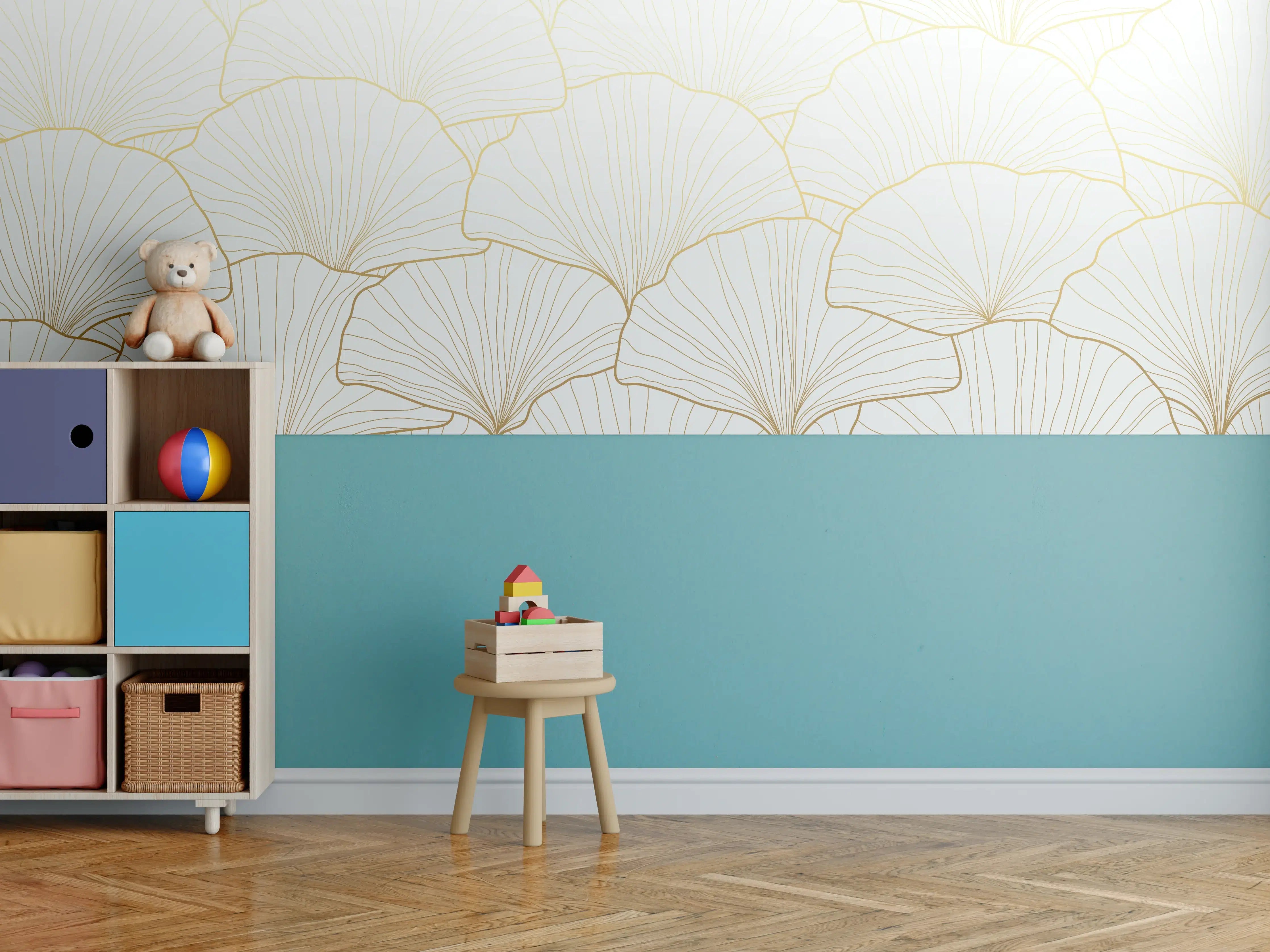 Kinderzimmer Wandgestaltung - Elegantes Ginkgo-Blatt Design Weiß-Gold