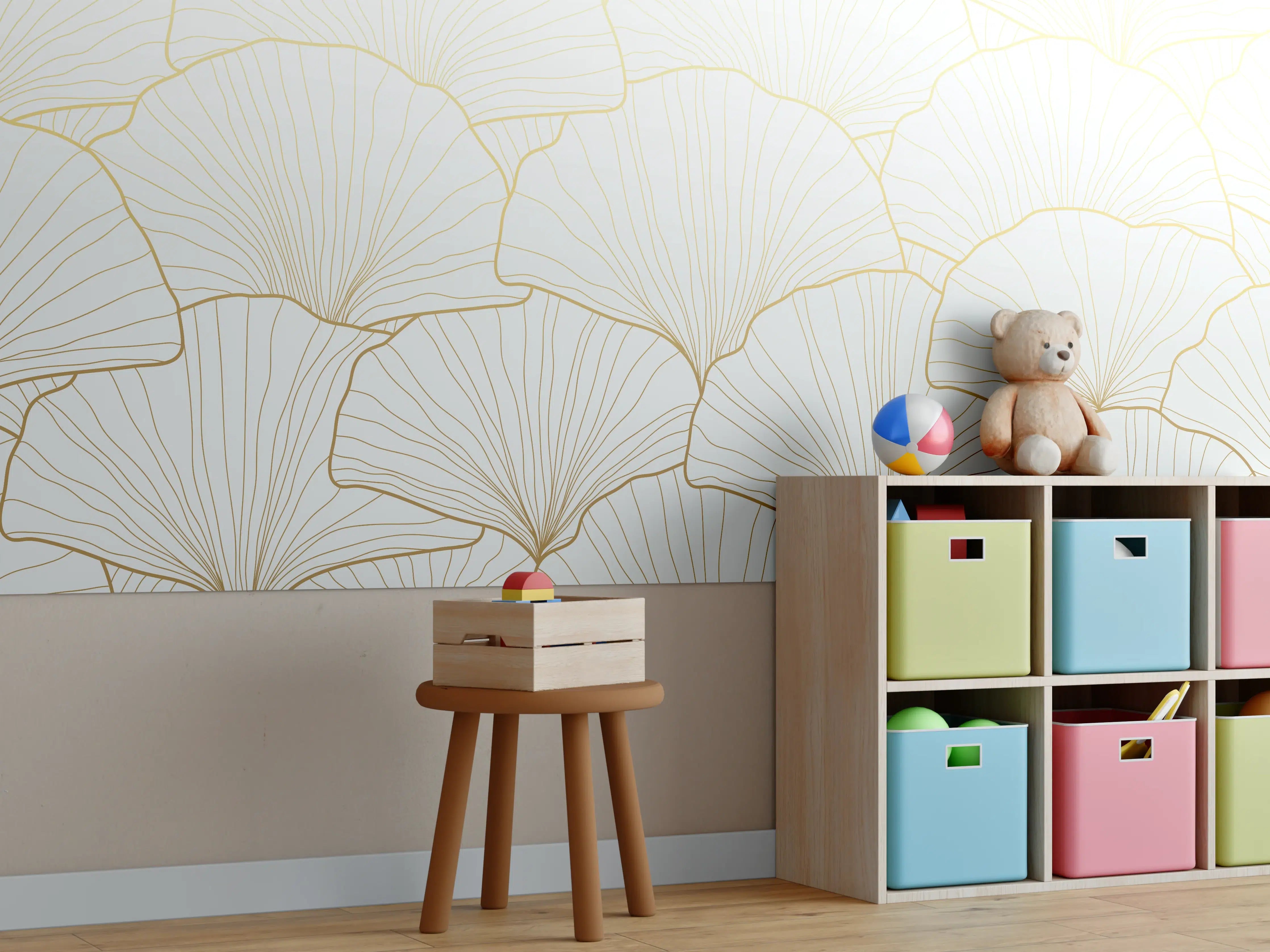 Kinderzimmer Wandgestaltung - Elegantes Ginkgo-Blatt Design Weiß-Gold