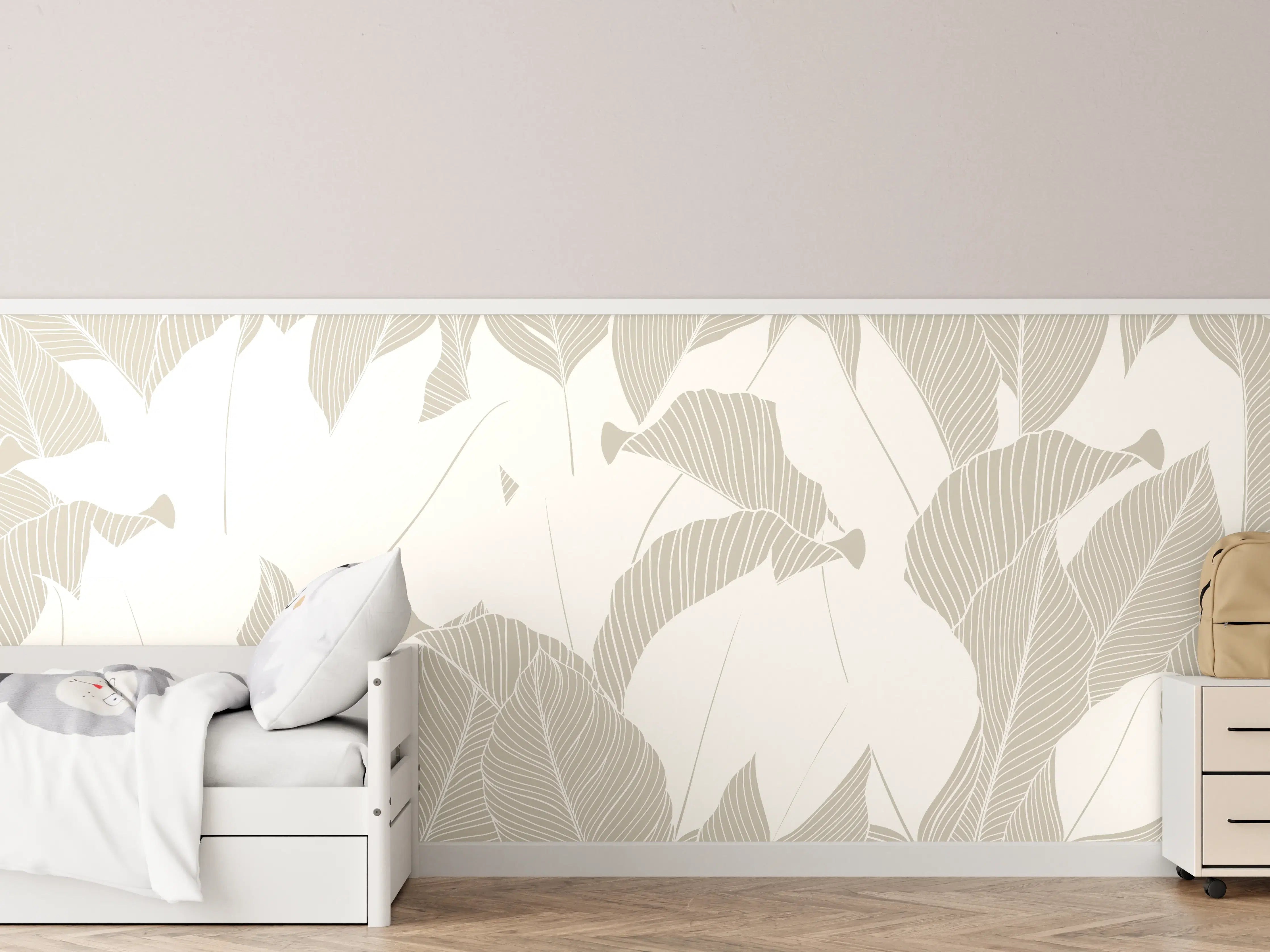 Kinderzimmer Wandgestaltung - Elegantes Grau-Weiß Blattmuster