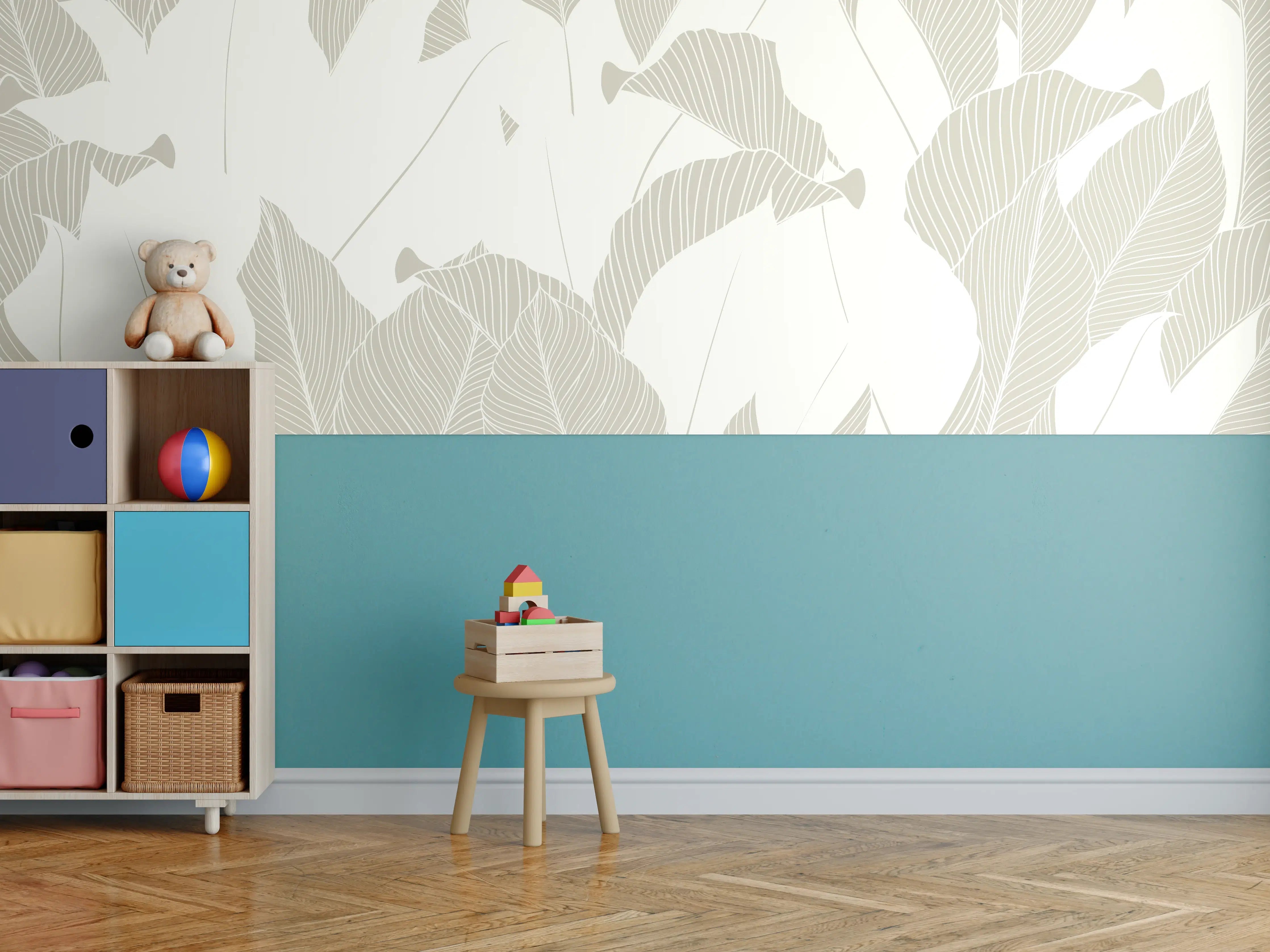 Kinderzimmer Wandgestaltung - Elegantes Grau-Weiß Blattmuster