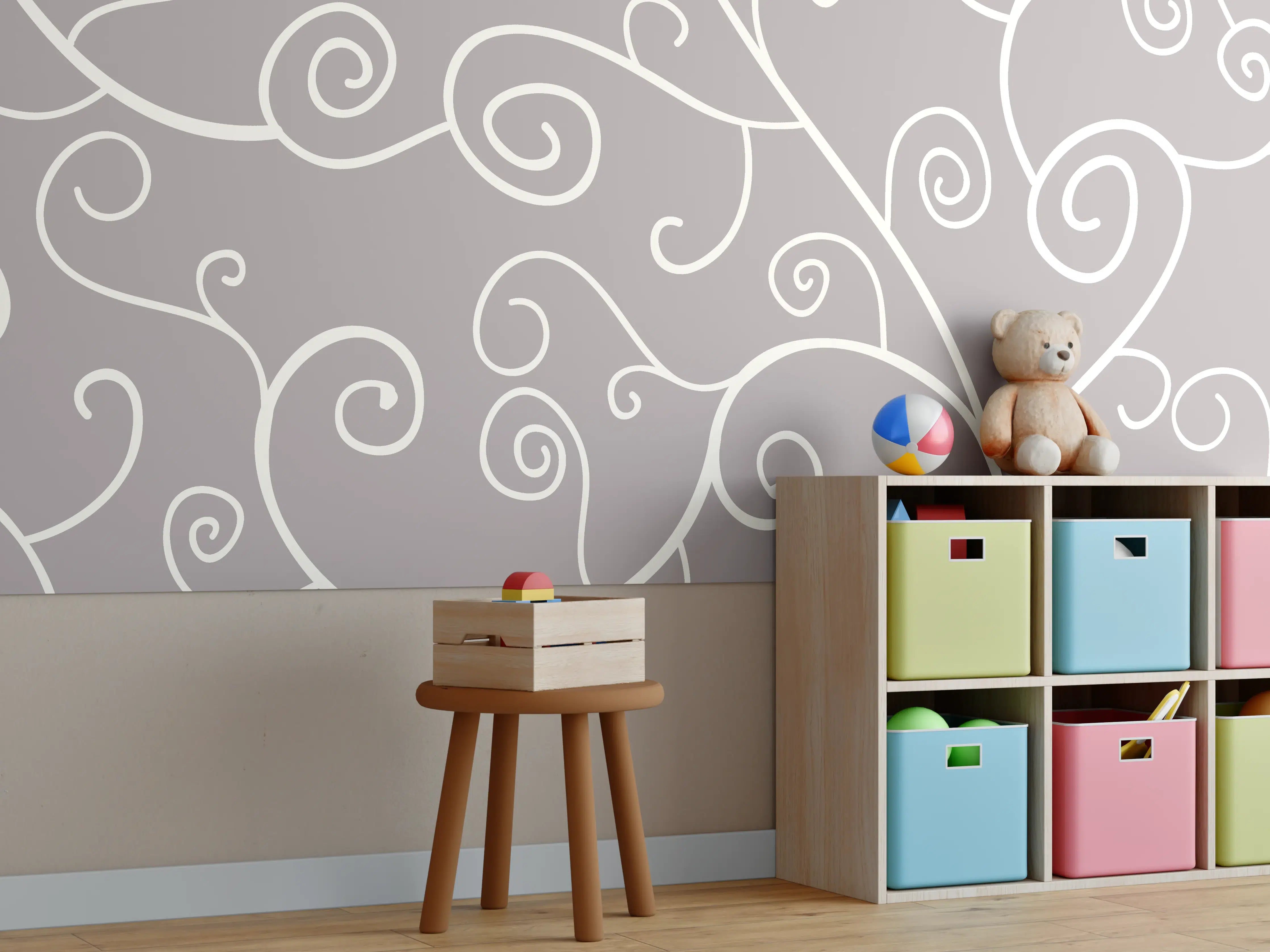 Kinderzimmer Wandgestaltung - Elegantes Grau-Weiß Swirl Muster