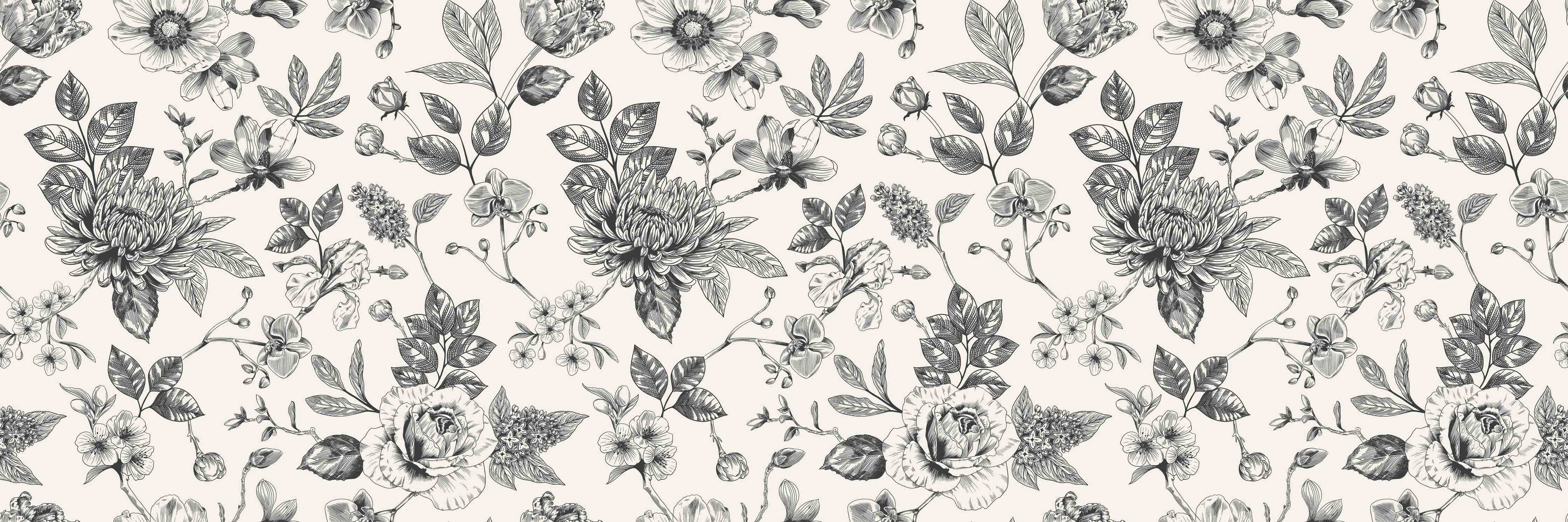 Kinderzimmer Wandgestaltung-Elegantes florales Muster im Schwarz-Weiß-Design