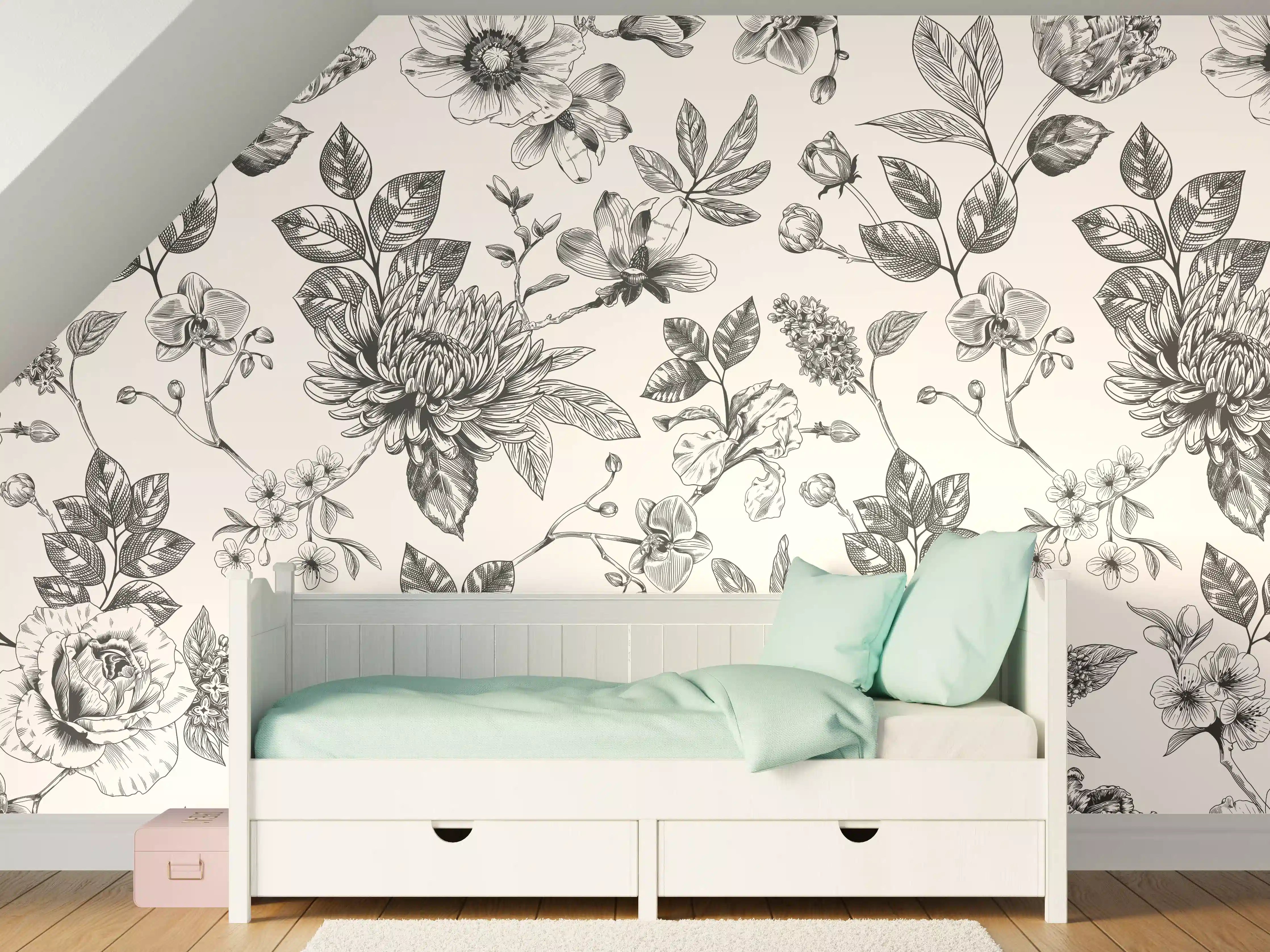 Kinderzimmer Wandgestaltung - Elegantes florales Muster im Schwarz-Weiß-Design