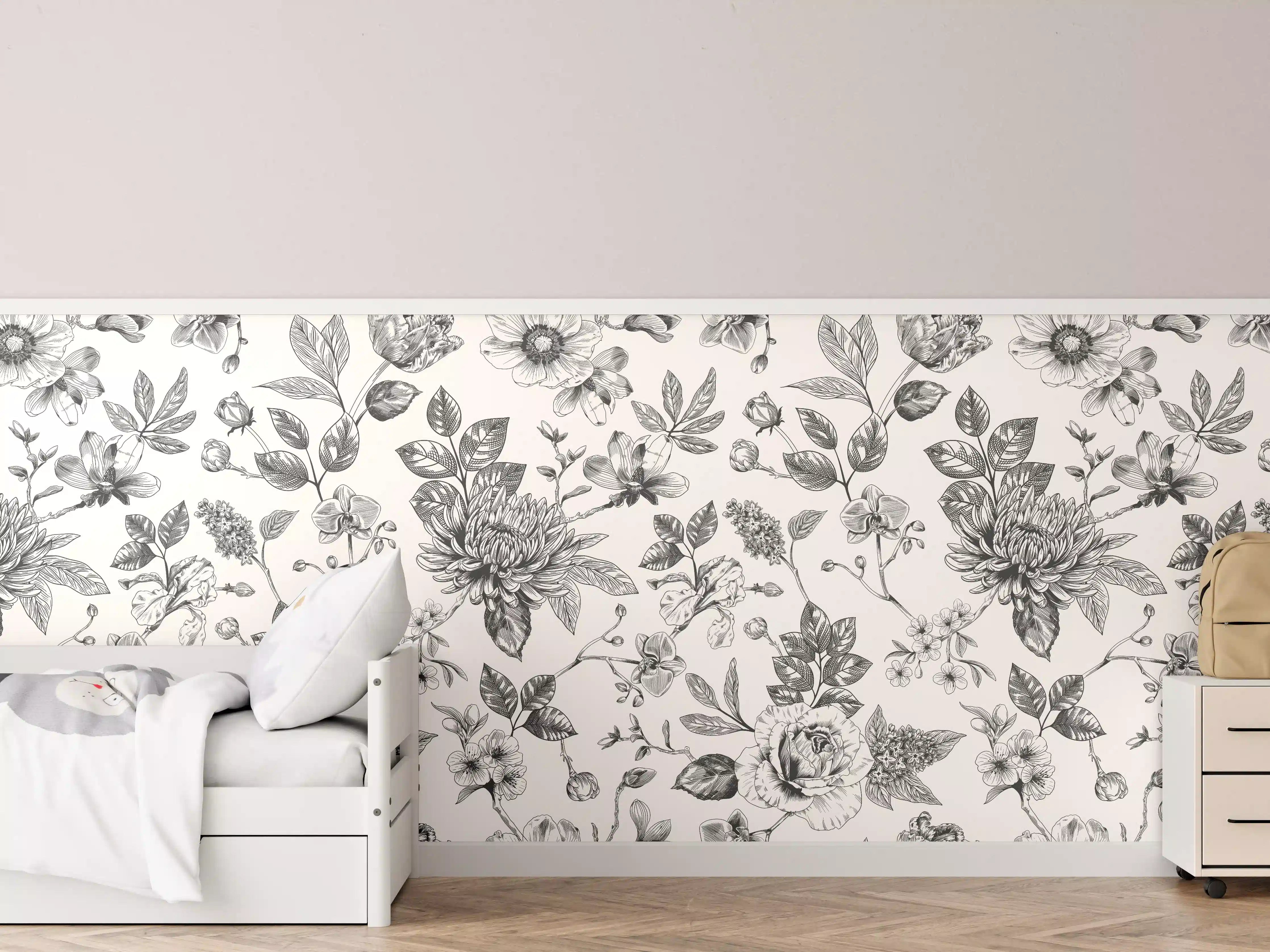 Kinderzimmer Wandgestaltung - Elegantes florales Muster im Schwarz-Weiß-Design