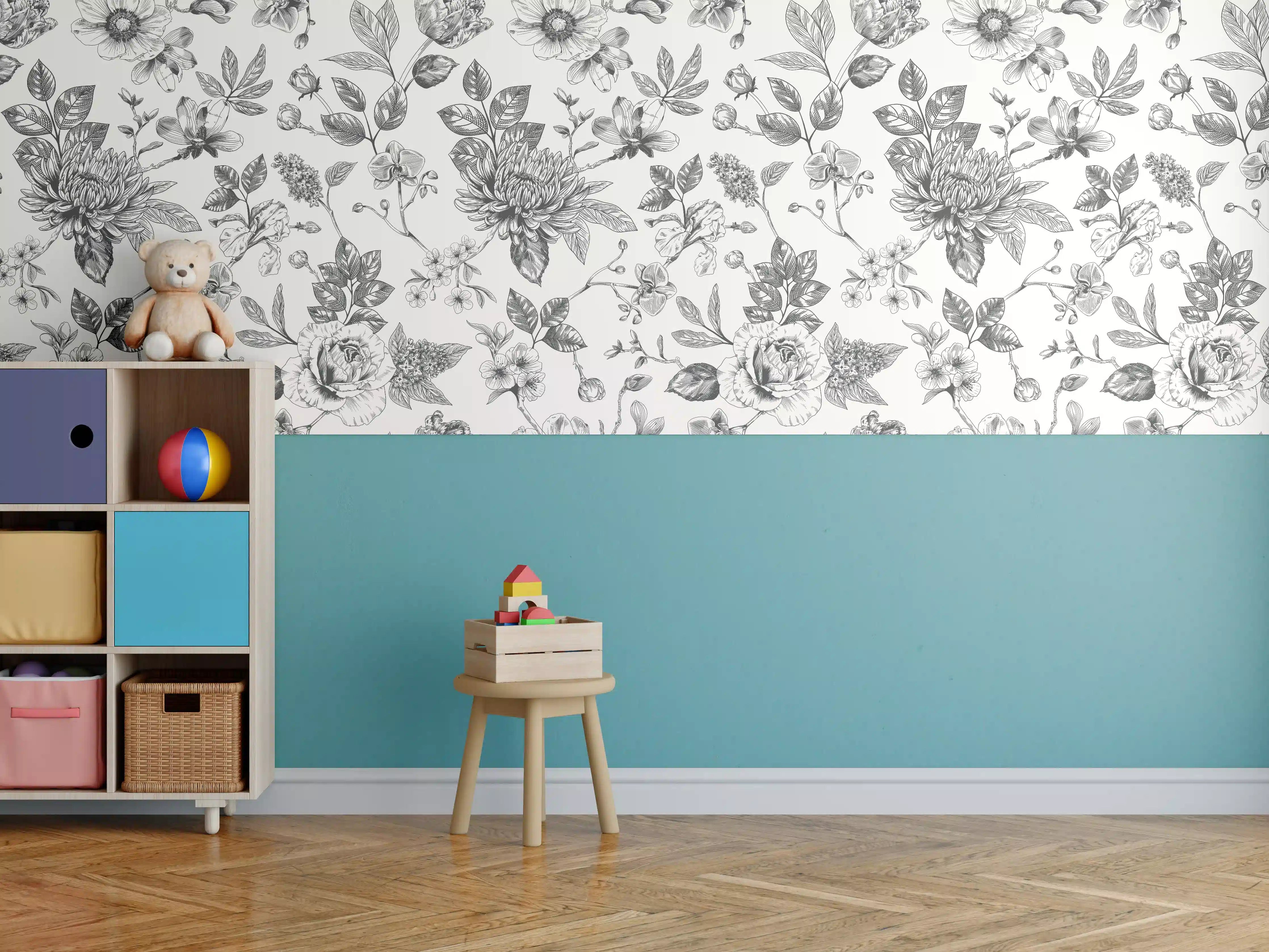 Kinderzimmer Wandgestaltung - Elegantes florales Muster im Schwarz-Weiß-Design
