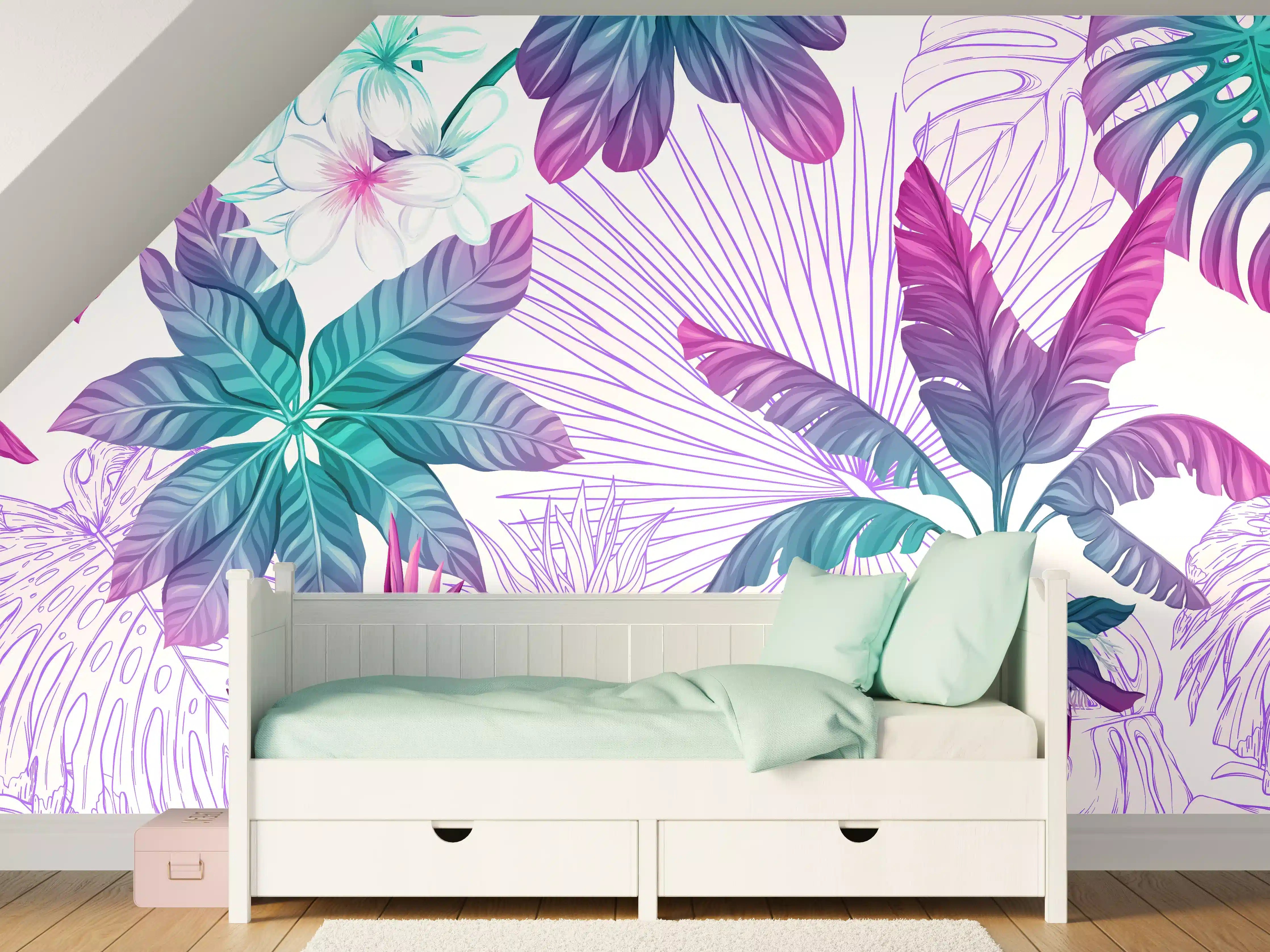 Kinderzimmer Wandgestaltung - Exotische Pflanzenmuster Lila-Blau