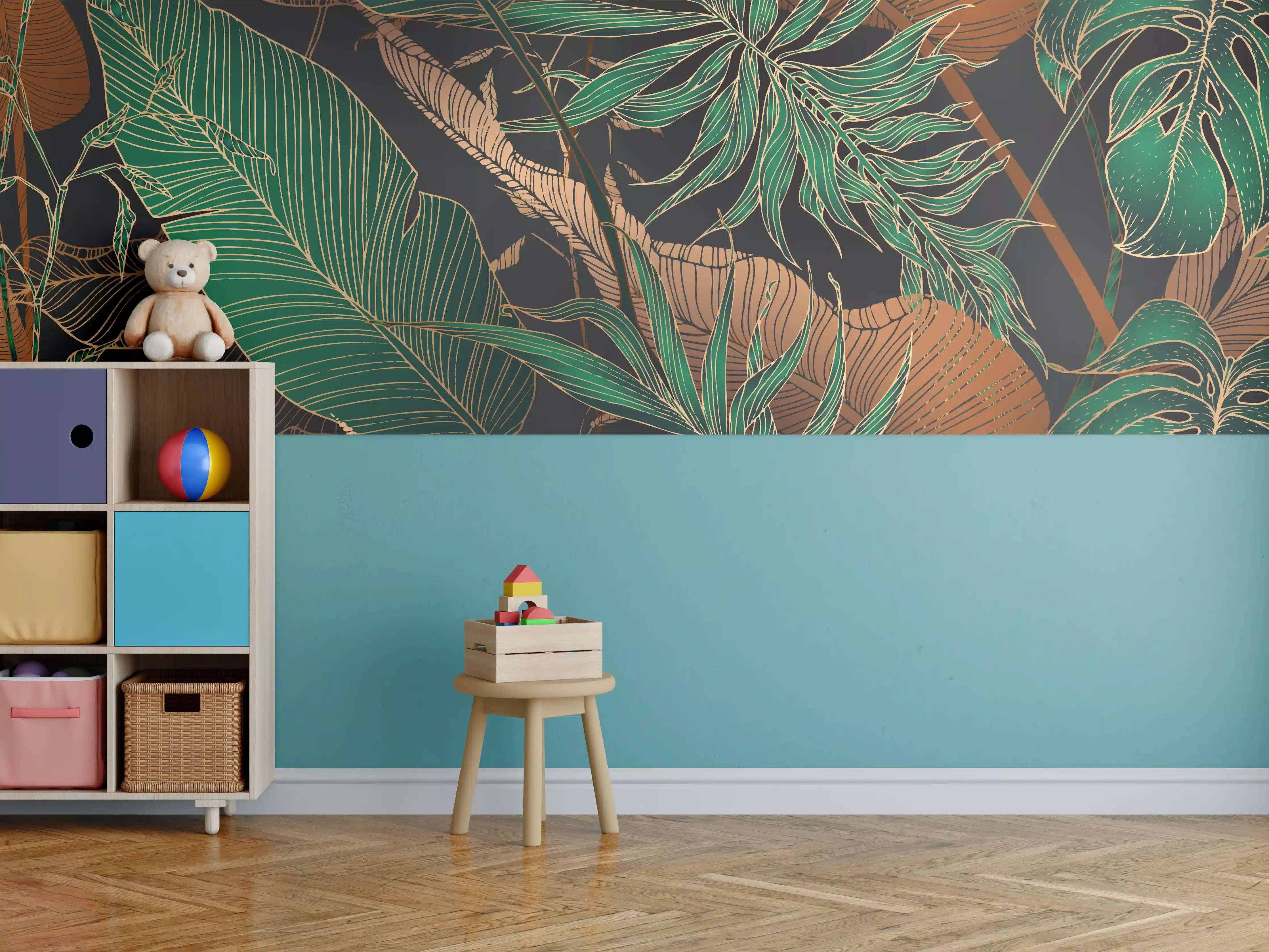 Kinderzimmer Wandgestaltung - Exotisches Blattmuster Dunkel