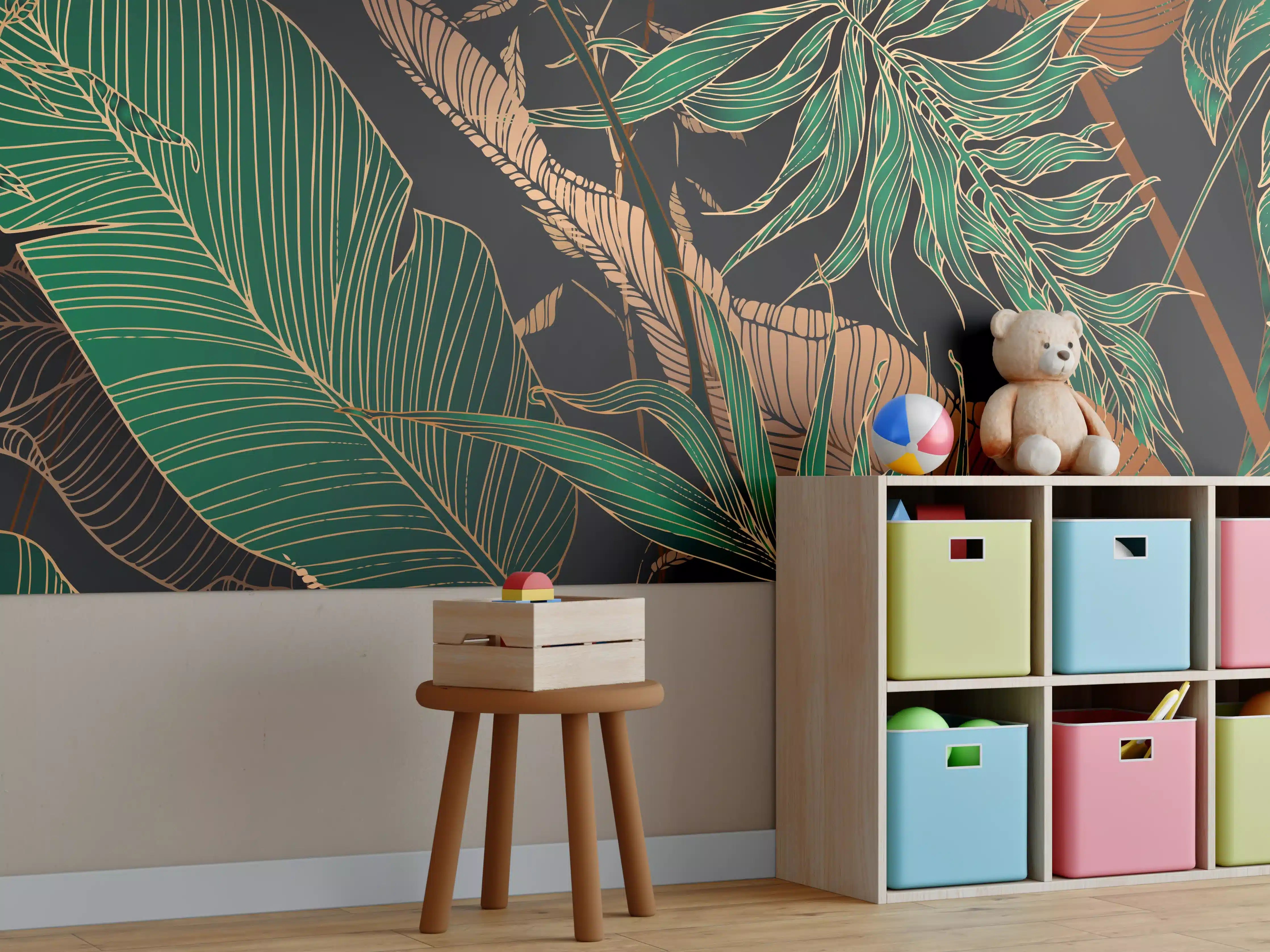 Kinderzimmer Wandgestaltung - Exotisches Blattmuster Dunkel