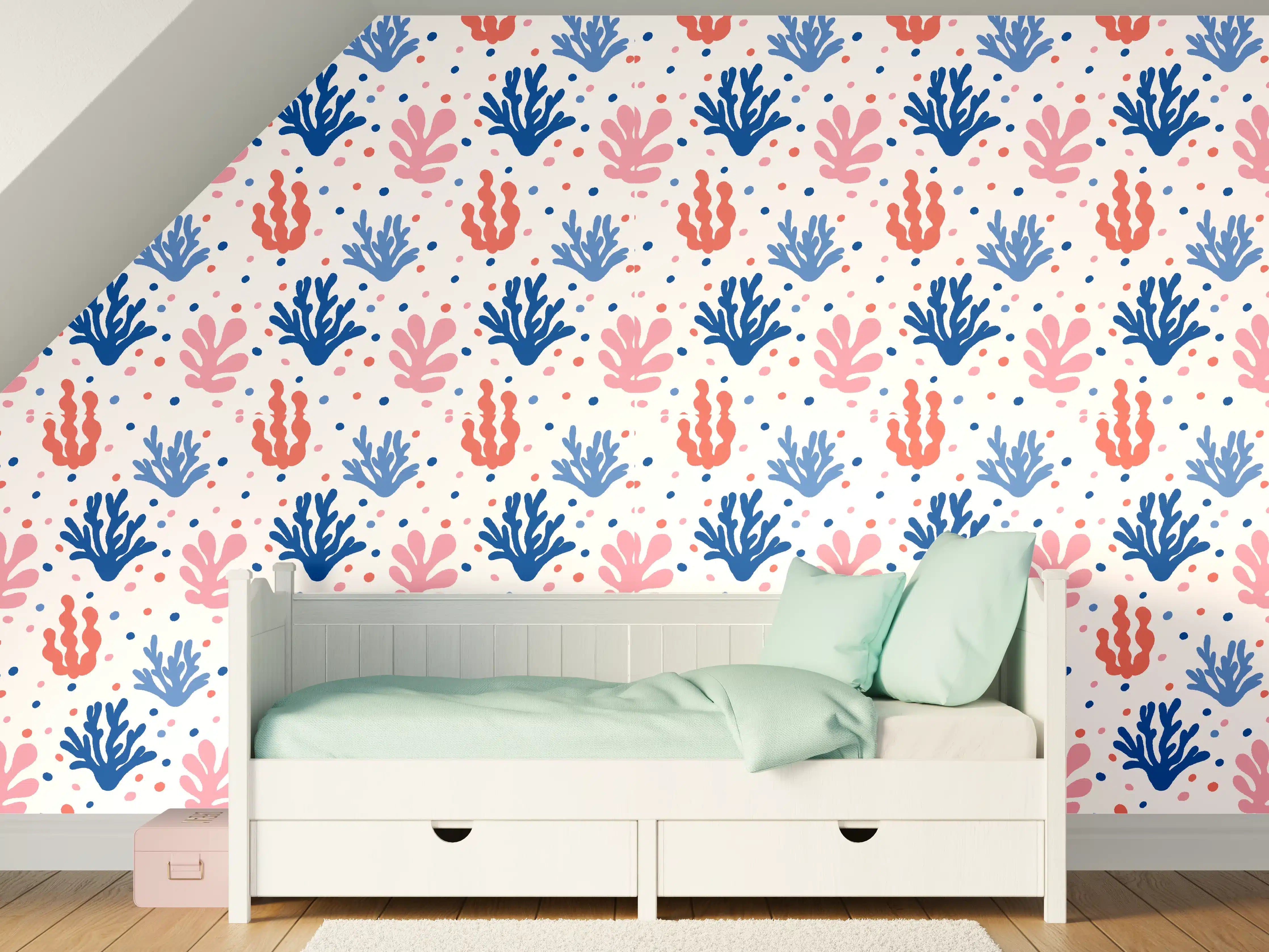 Kinderzimmer Wandgestaltung - Exotisches Korallen-Design in Blau und Rosa