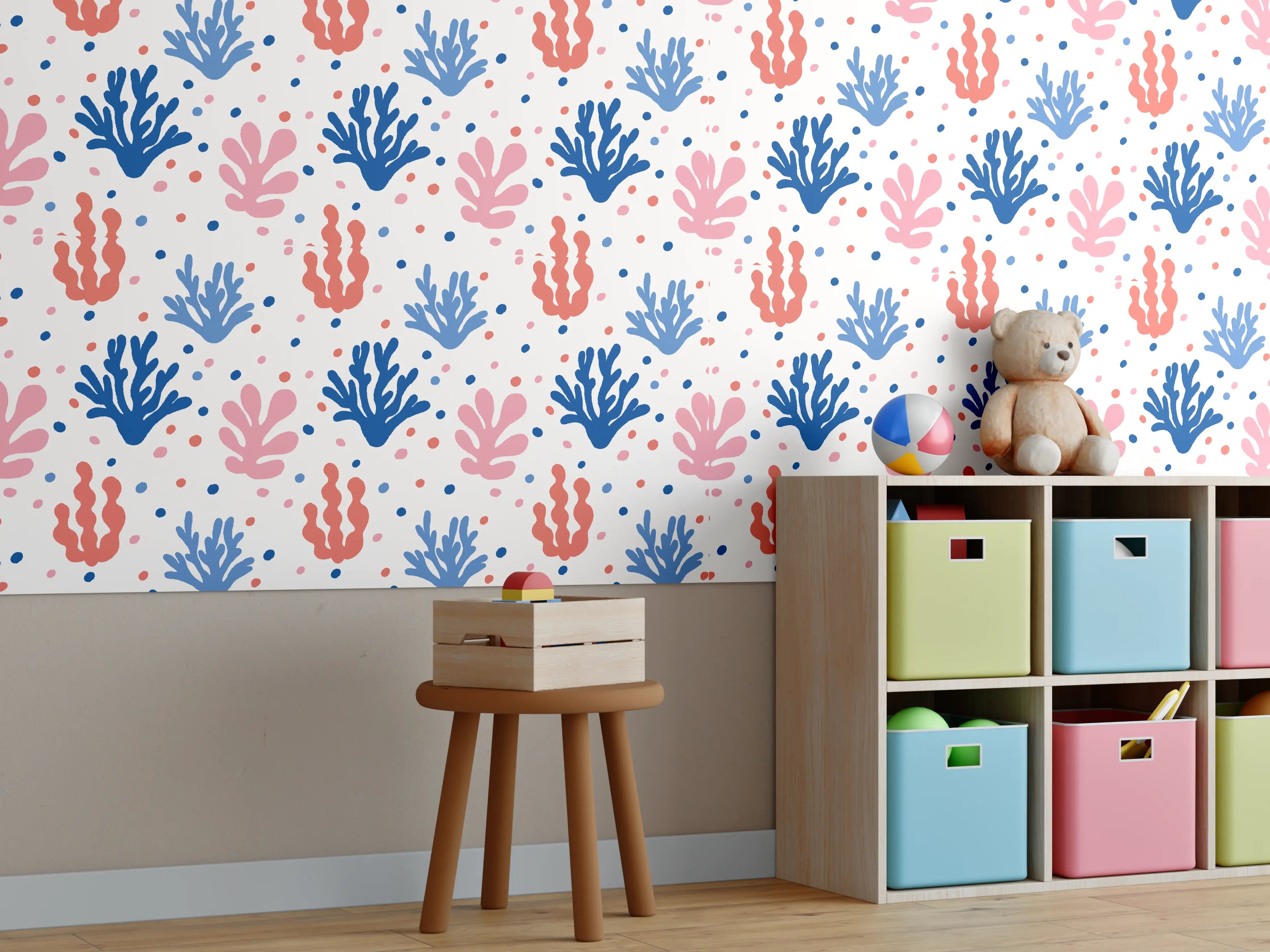 Kinderzimmer Wandgestaltung - Exotisches Korallen-Design in Blau und Rosa