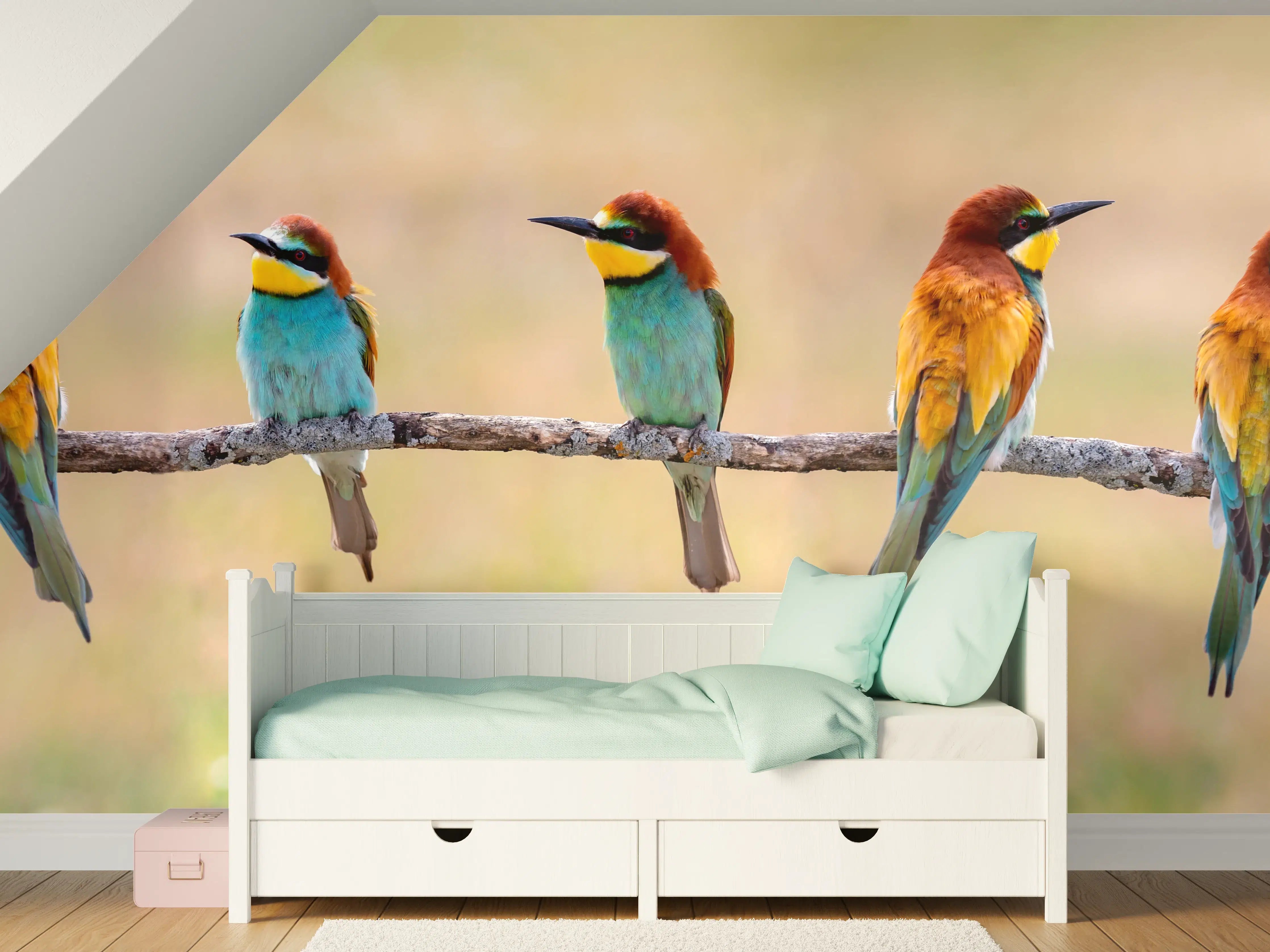 Kinderzimmer Wandgestaltung - Familie von Bienenfressern auf Ast