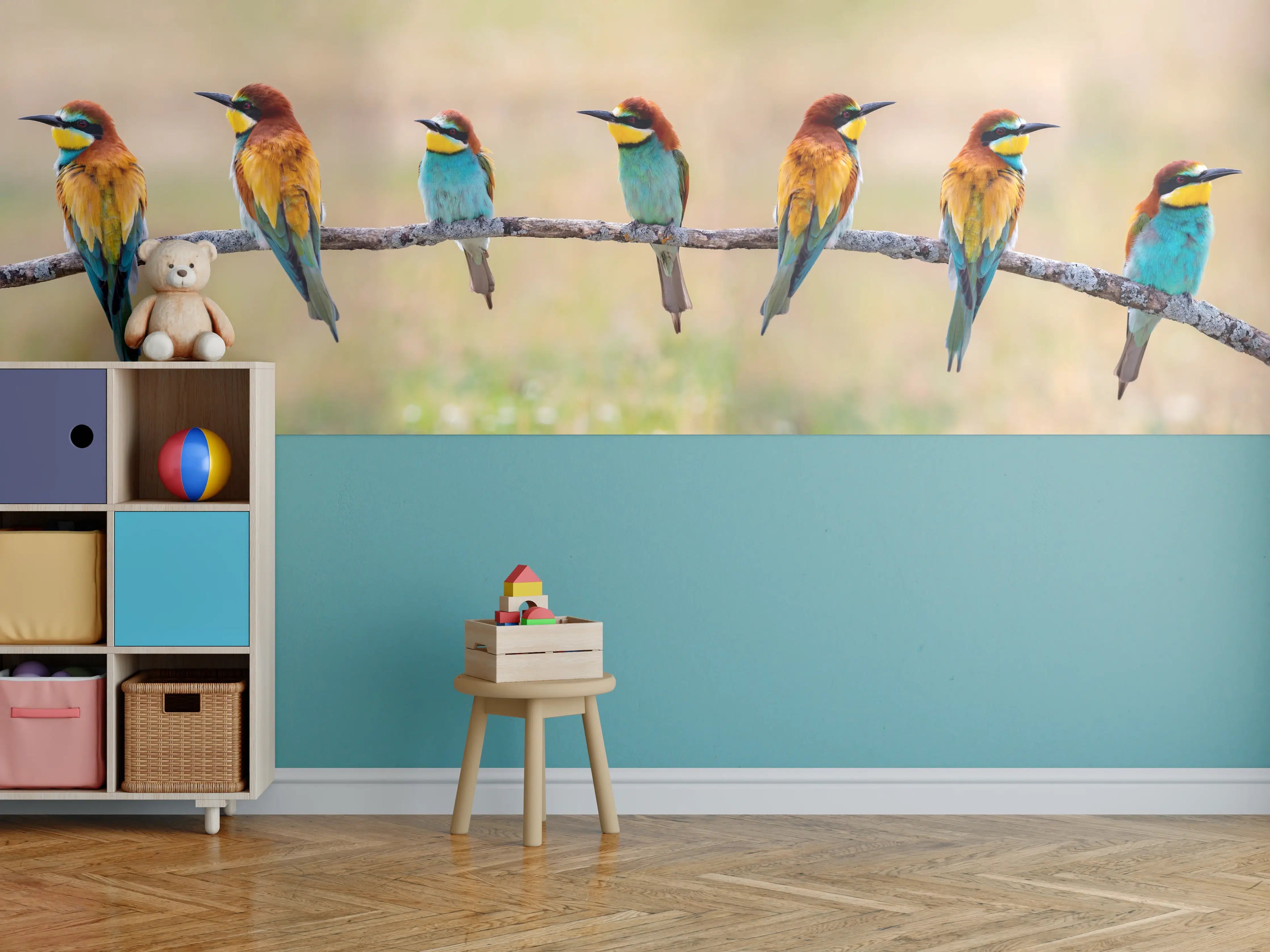 Kinderzimmer Wandgestaltung - Familie von Bienenfressern auf Ast