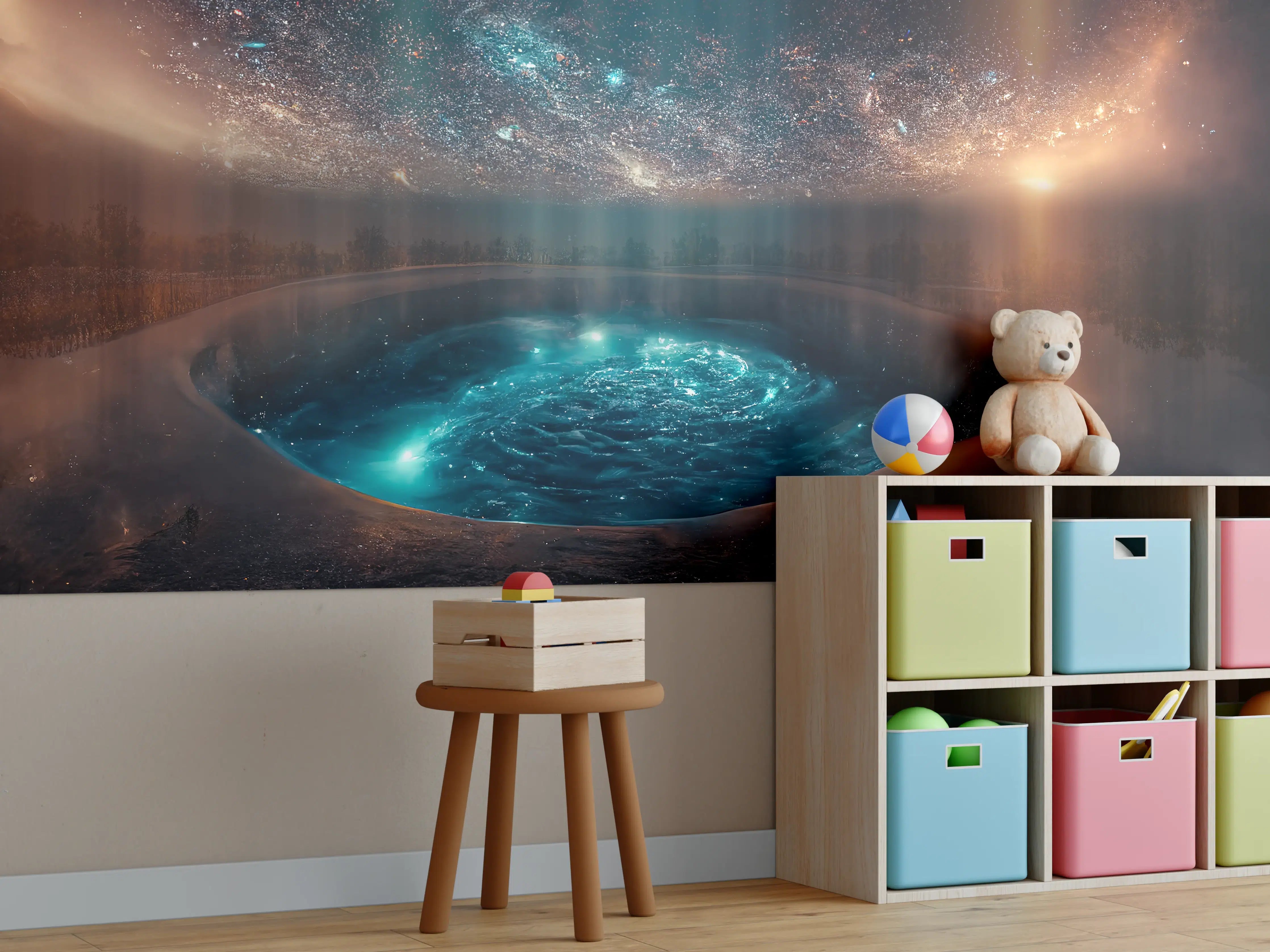 Kinderzimmer Wandgestaltung - Fantasielandschaft - Nächtlicher Blick