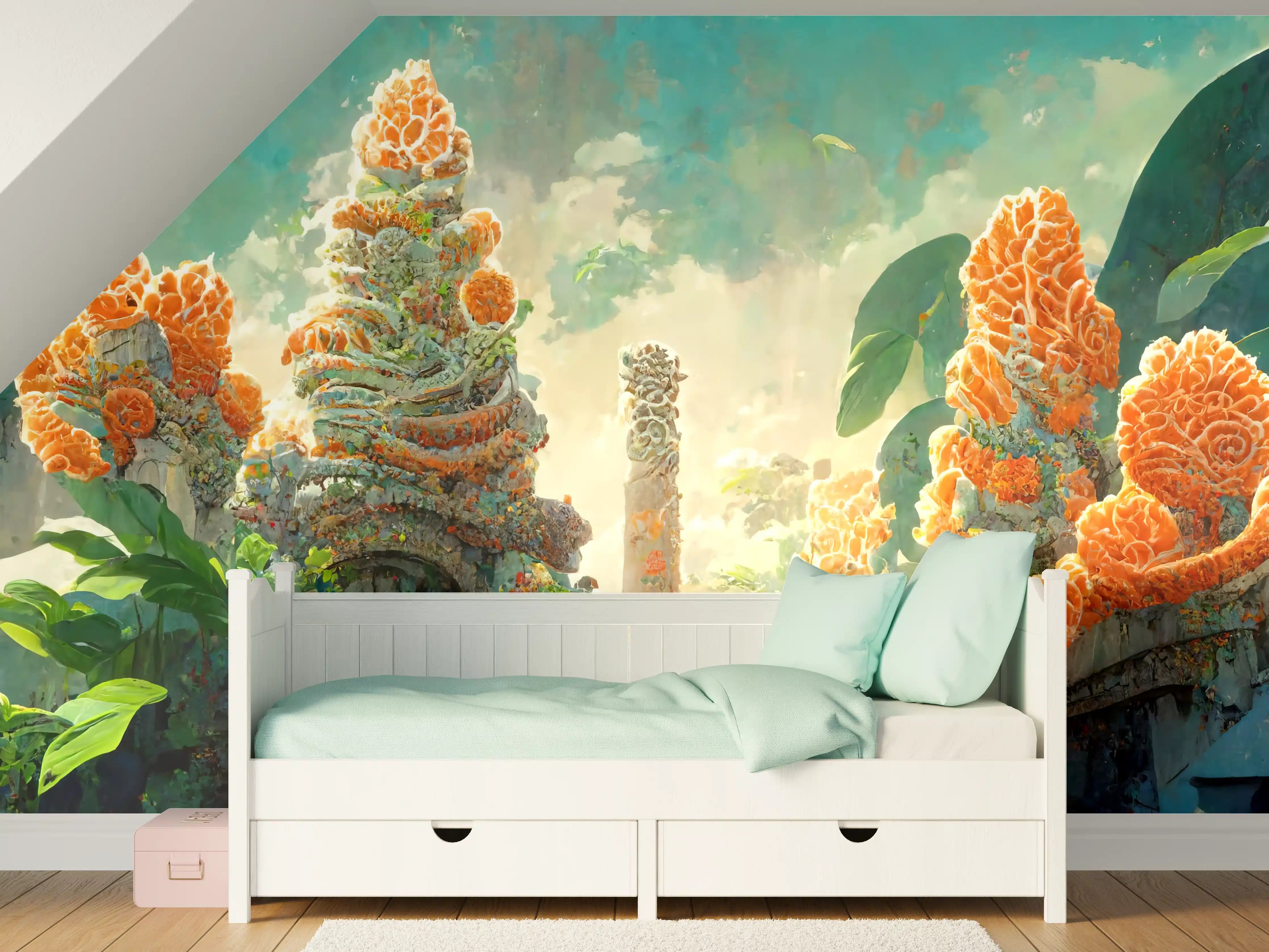 Kinderzimmer Wandgestaltung - Fantasievolle Naturkulisse mit lebhaften Blüten