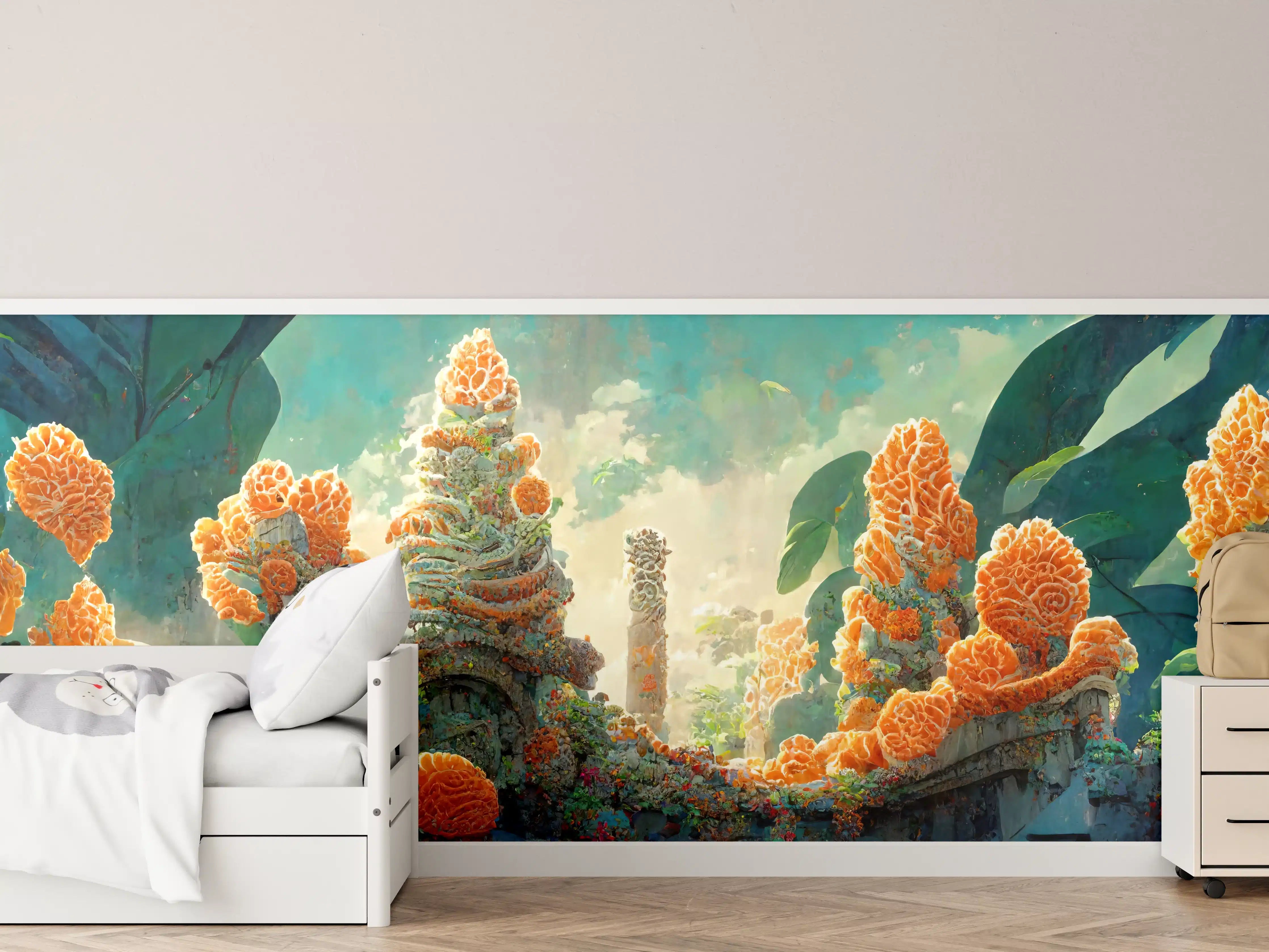 Kinderzimmer Wandgestaltung - Fantasievolle Naturkulisse mit lebhaften Blüten