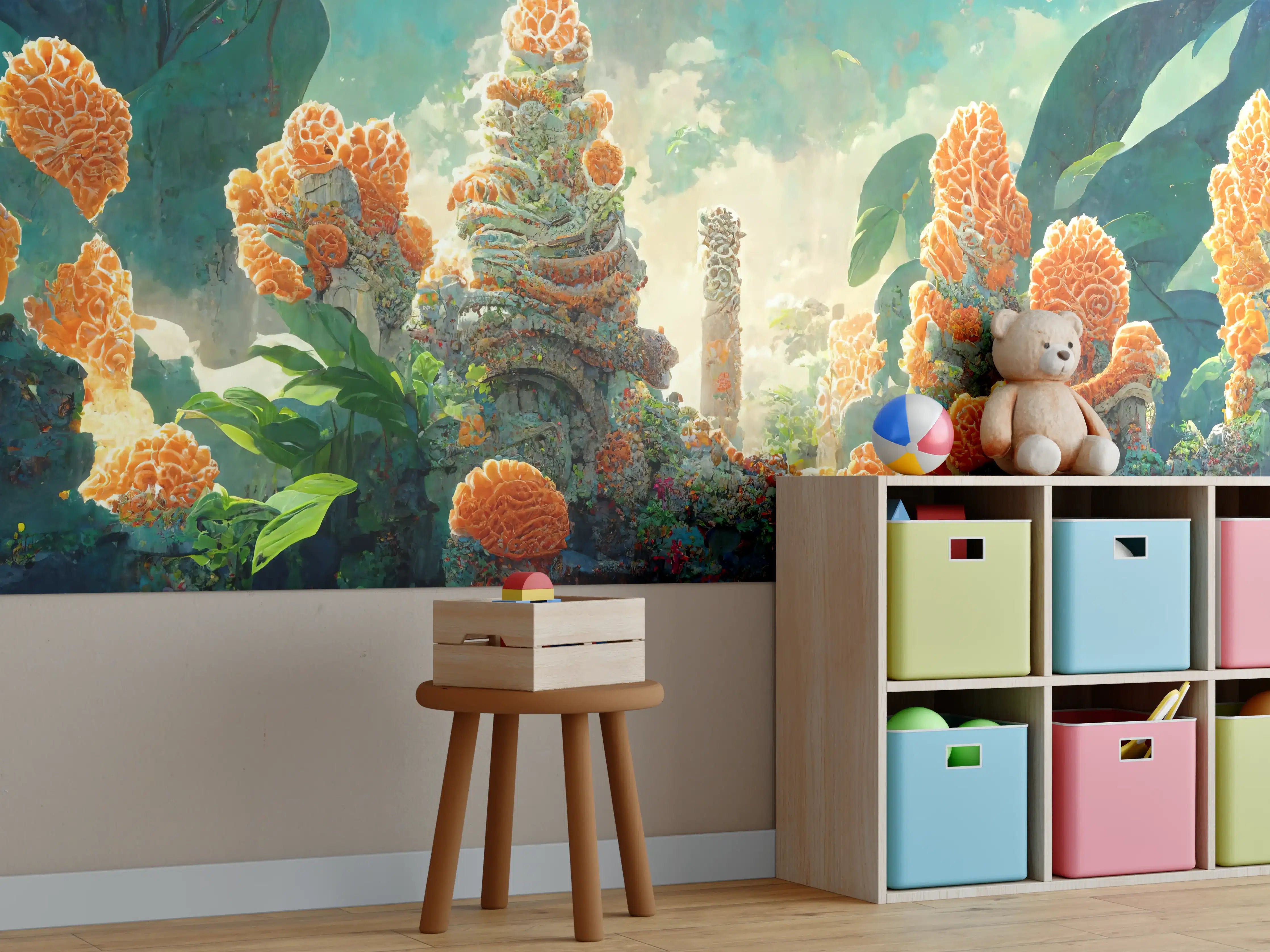 Kinderzimmer Wandgestaltung - Fantasievolle Naturkulisse mit lebhaften Blüten