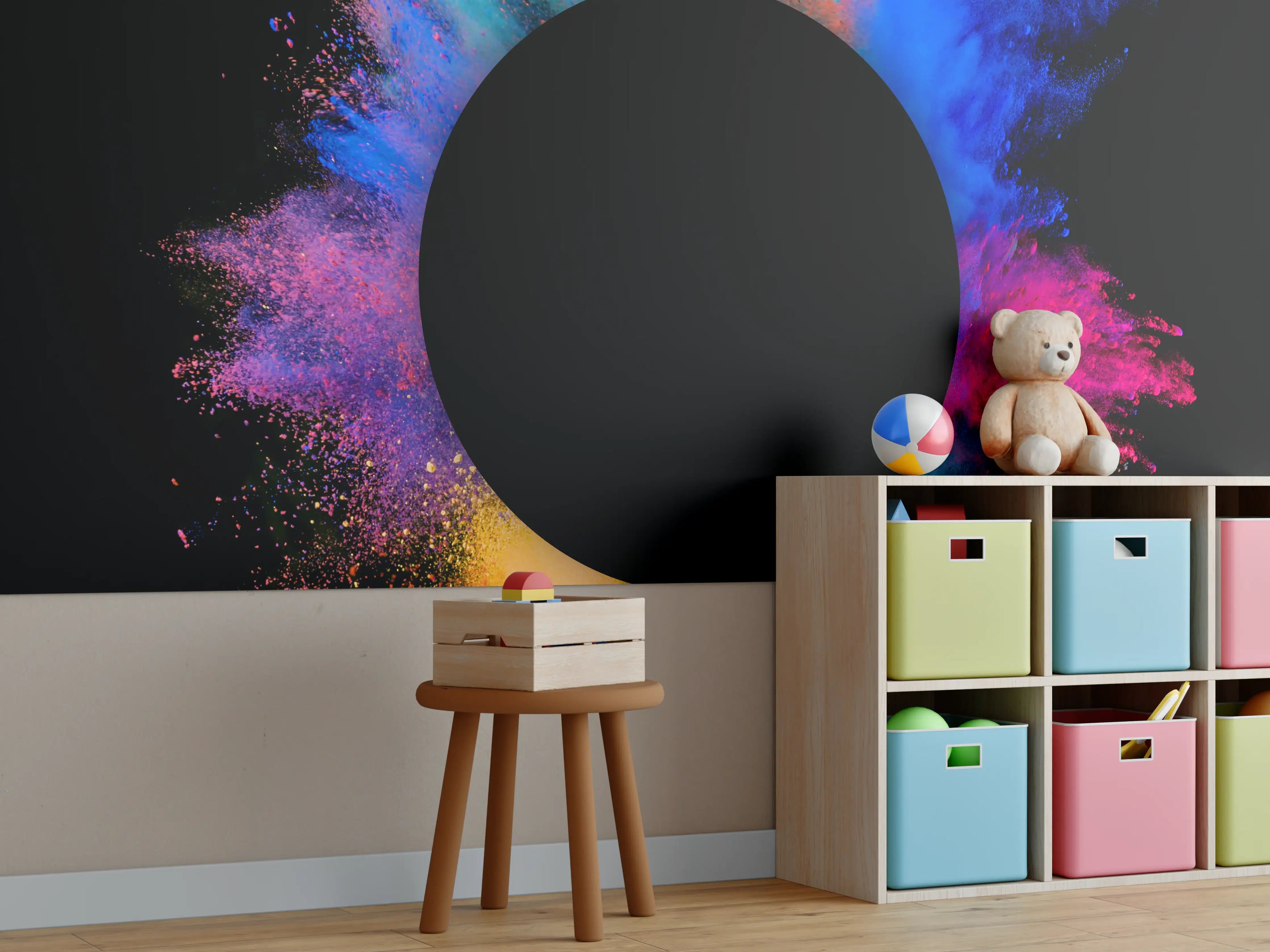 Kinderzimmer Wandgestaltung - Farbenexplosion in dunklem Hintergrund