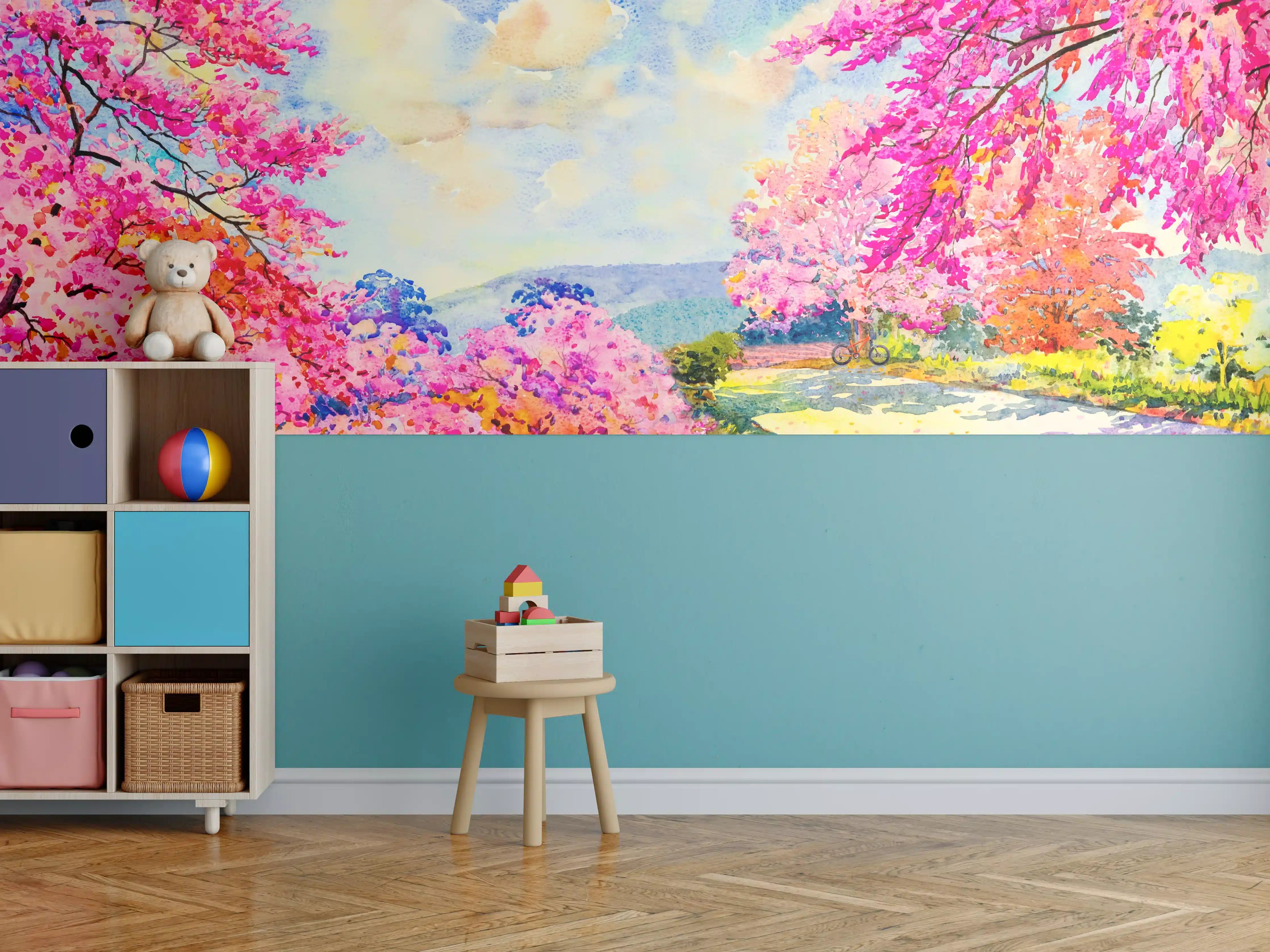 Kinderzimmer Wandgestaltung - Farbenfrohe Aquarell-Blumenlandschaft