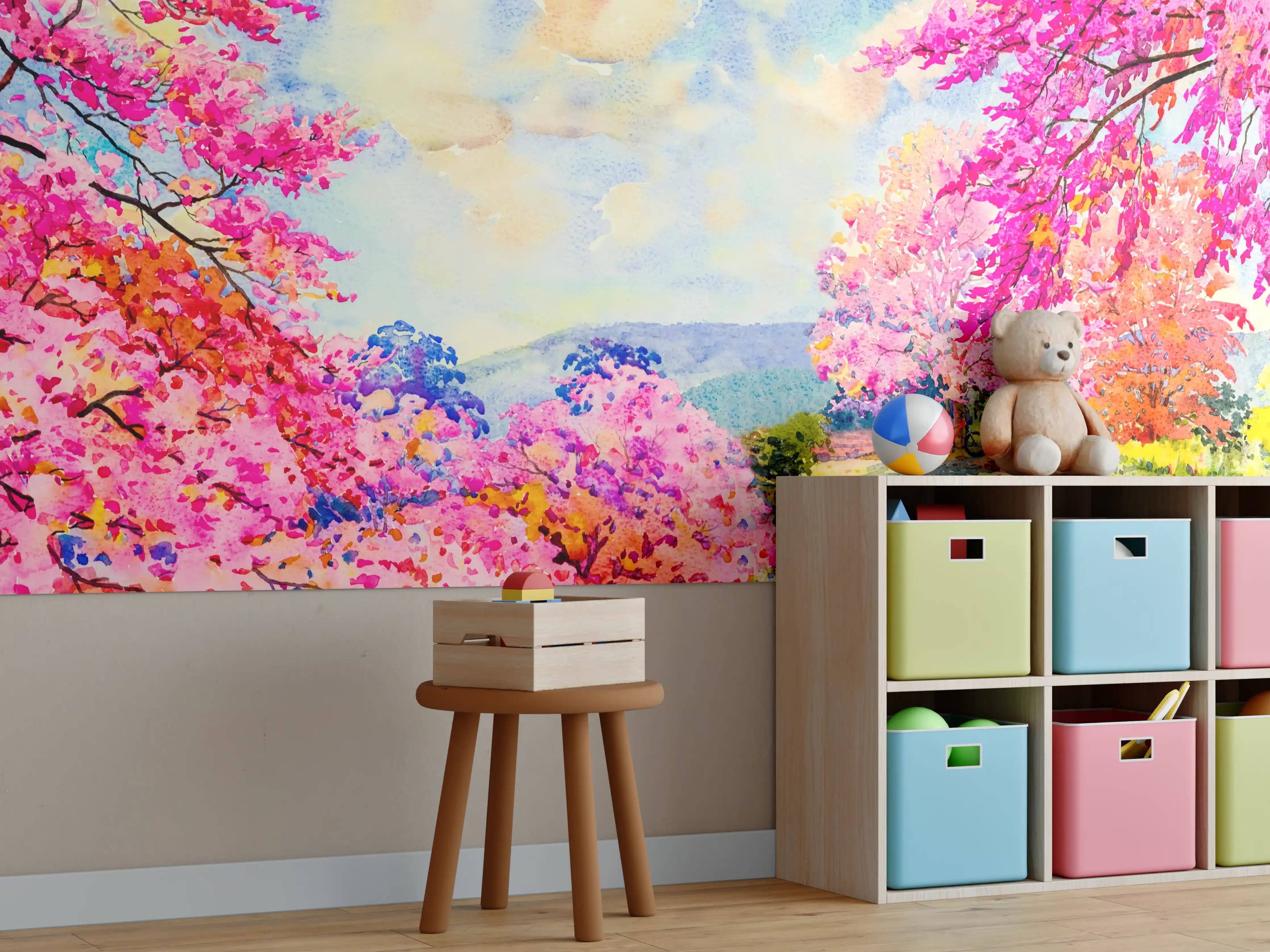 Kinderzimmer Wandgestaltung - Farbenfrohe Aquarell-Blumenlandschaft