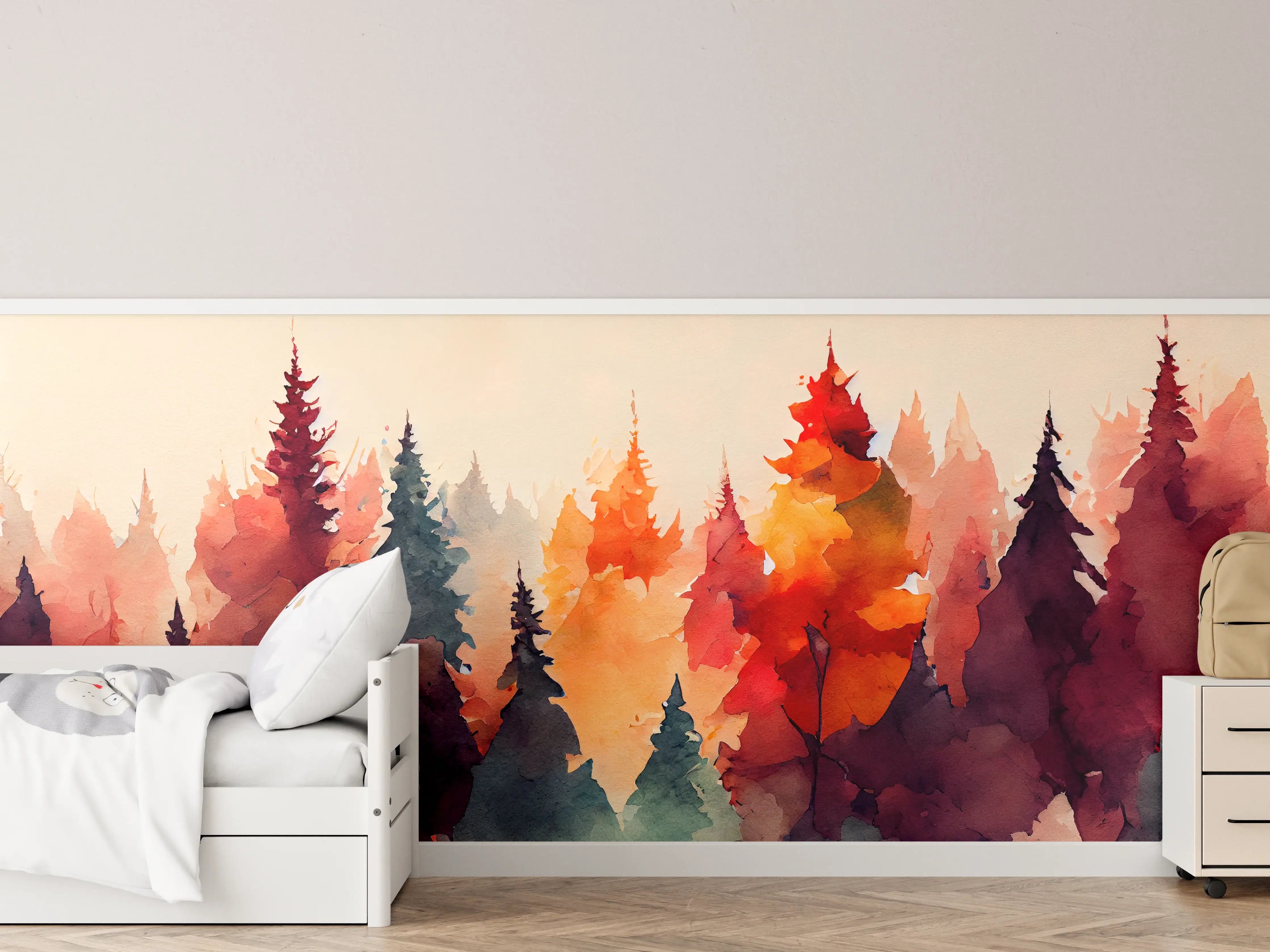 Kinderzimmer Wandgestaltung - Farbenfrohe Aquarell-Waldsilhouette