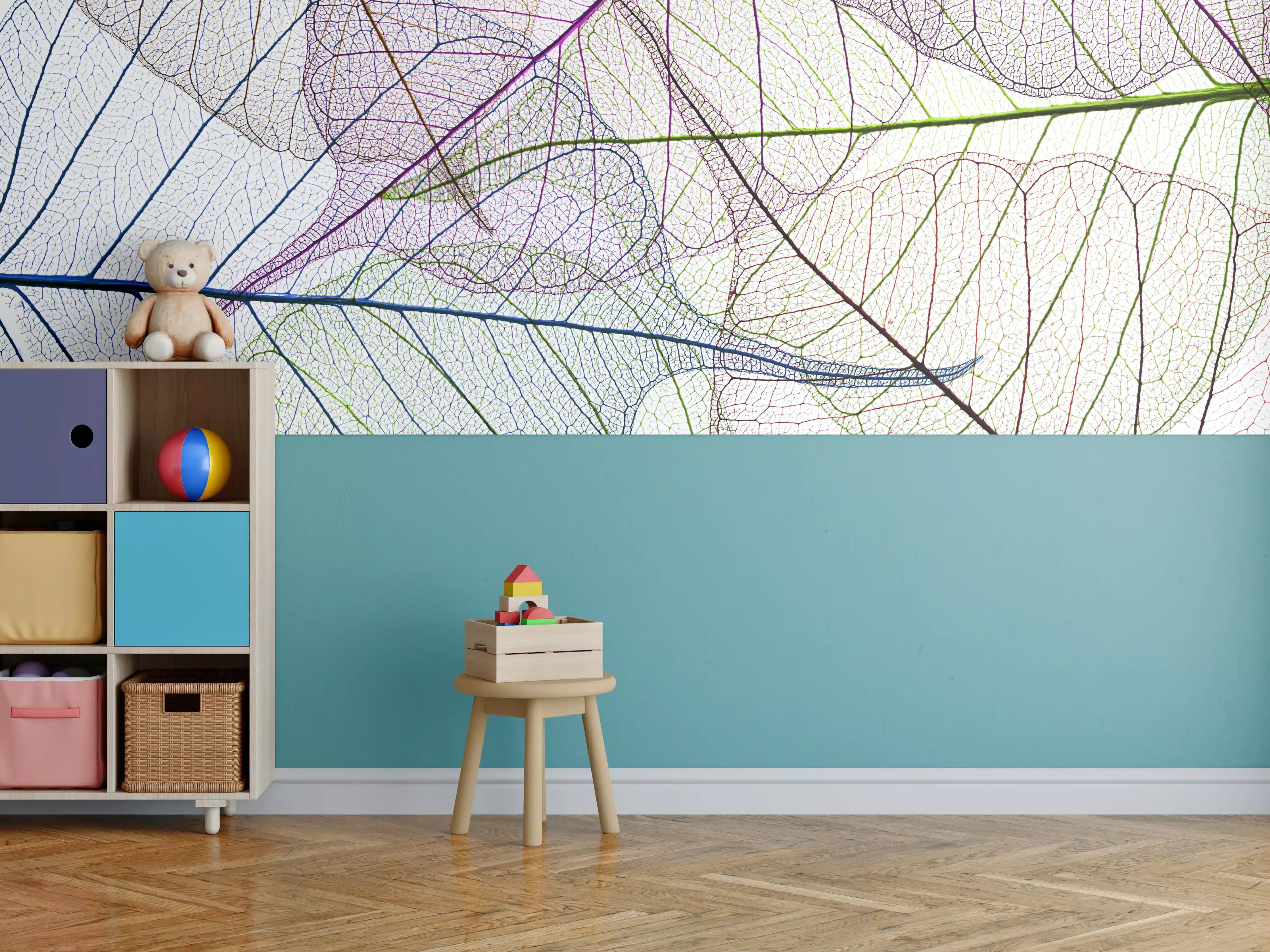 Kinderzimmer Wandgestaltung - Farbenfrohe Blätter auf Weiß