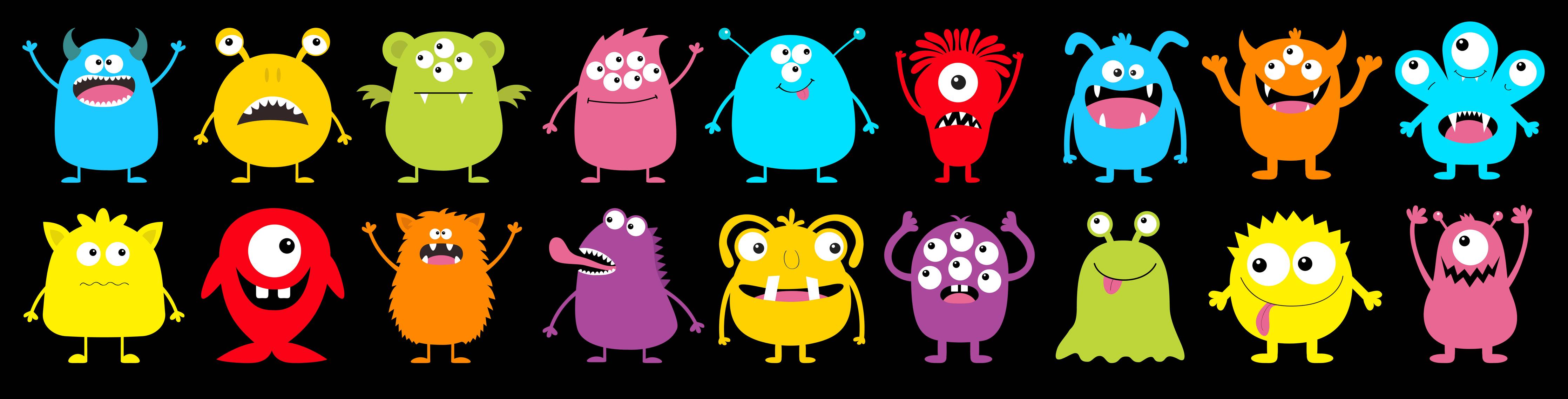 Kinderzimmer Wandgestaltung-Farbenfrohe Monster-Charaktere auf schwarzem Hintergrund