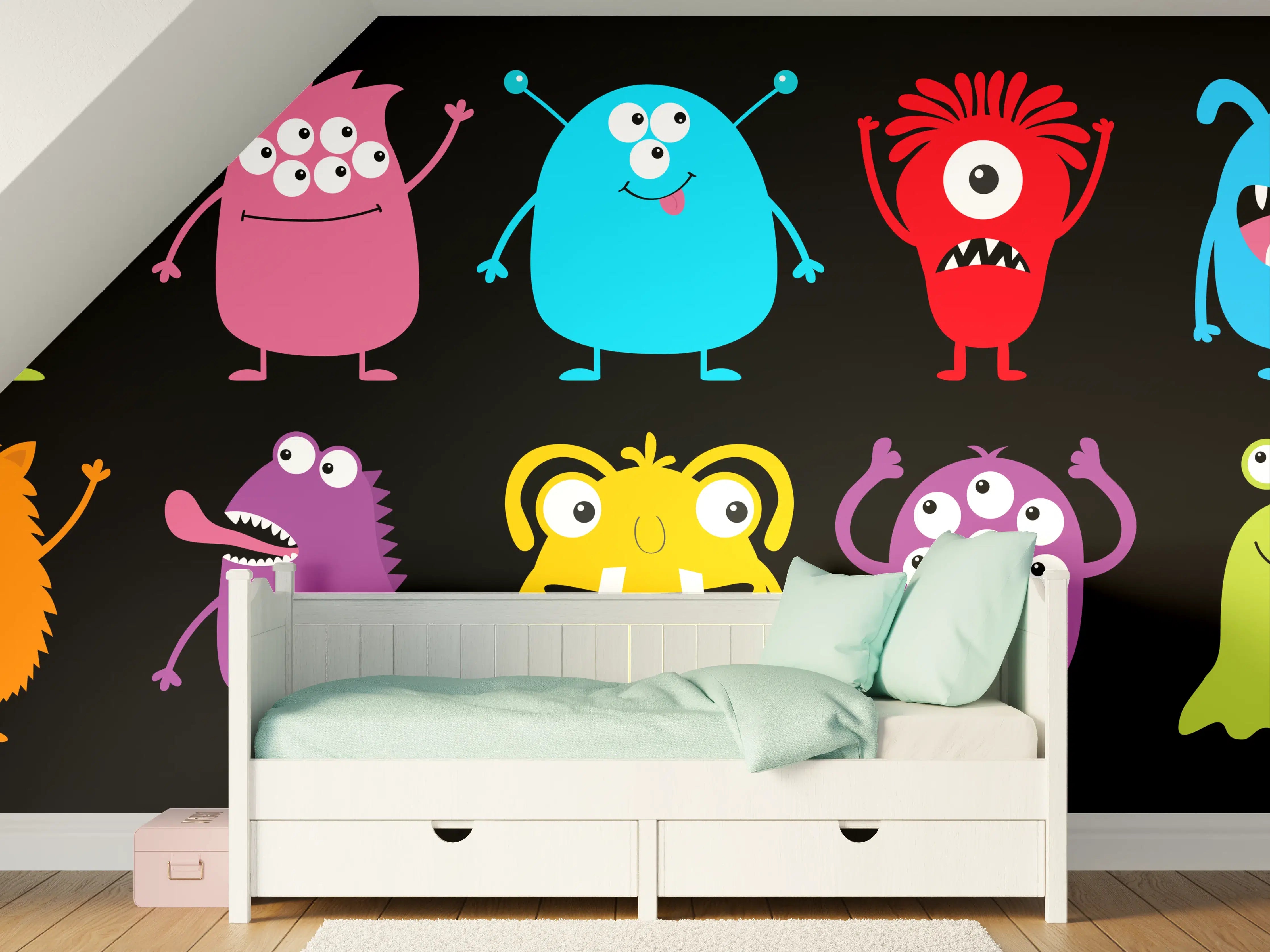 Kinderzimmer Wandgestaltung - Farbenfrohe Monster-Charaktere auf schwarzem Hintergrund