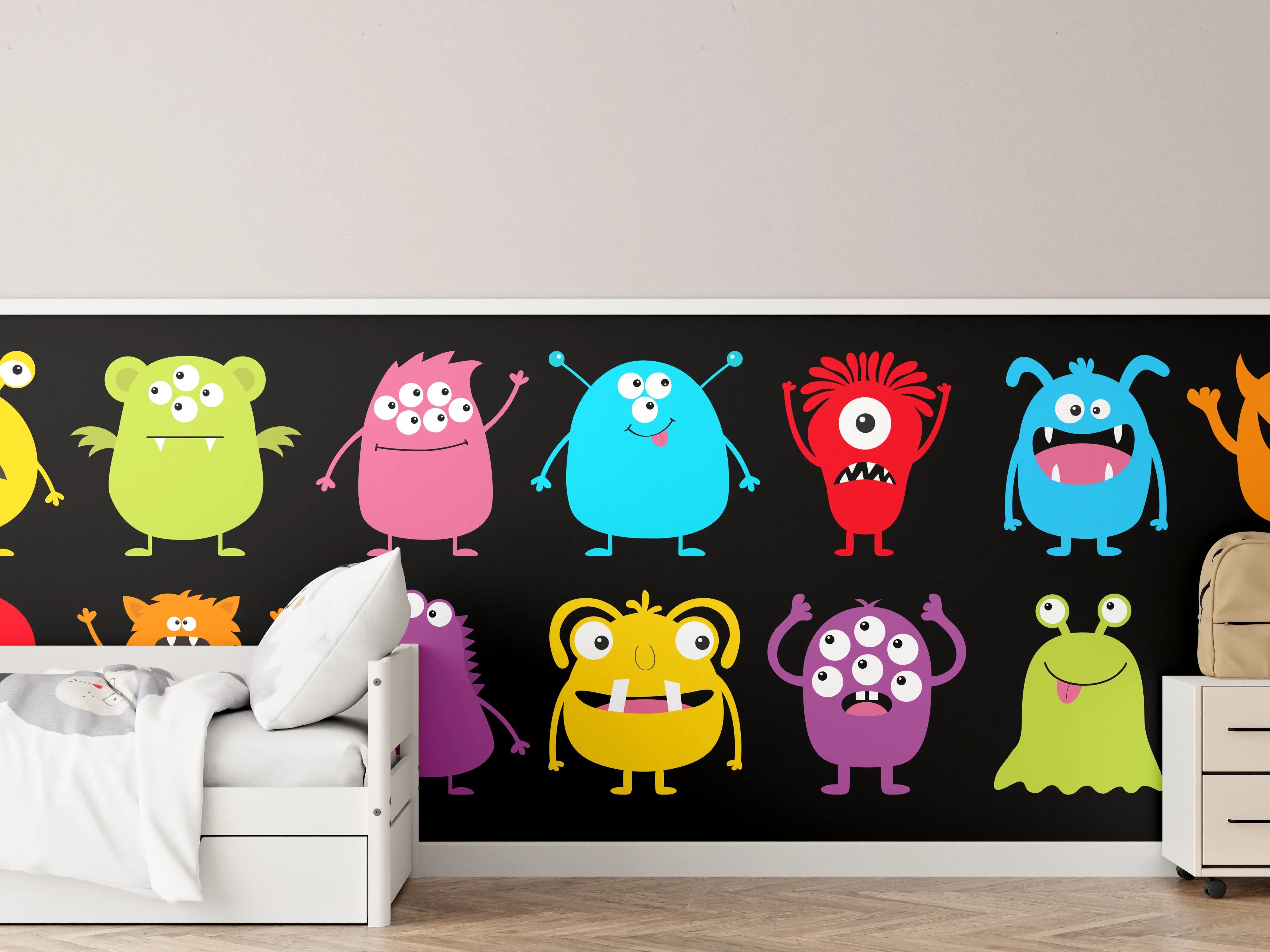 Kinderzimmer Wandgestaltung - Farbenfrohe Monster-Charaktere auf schwarzem Hintergrund