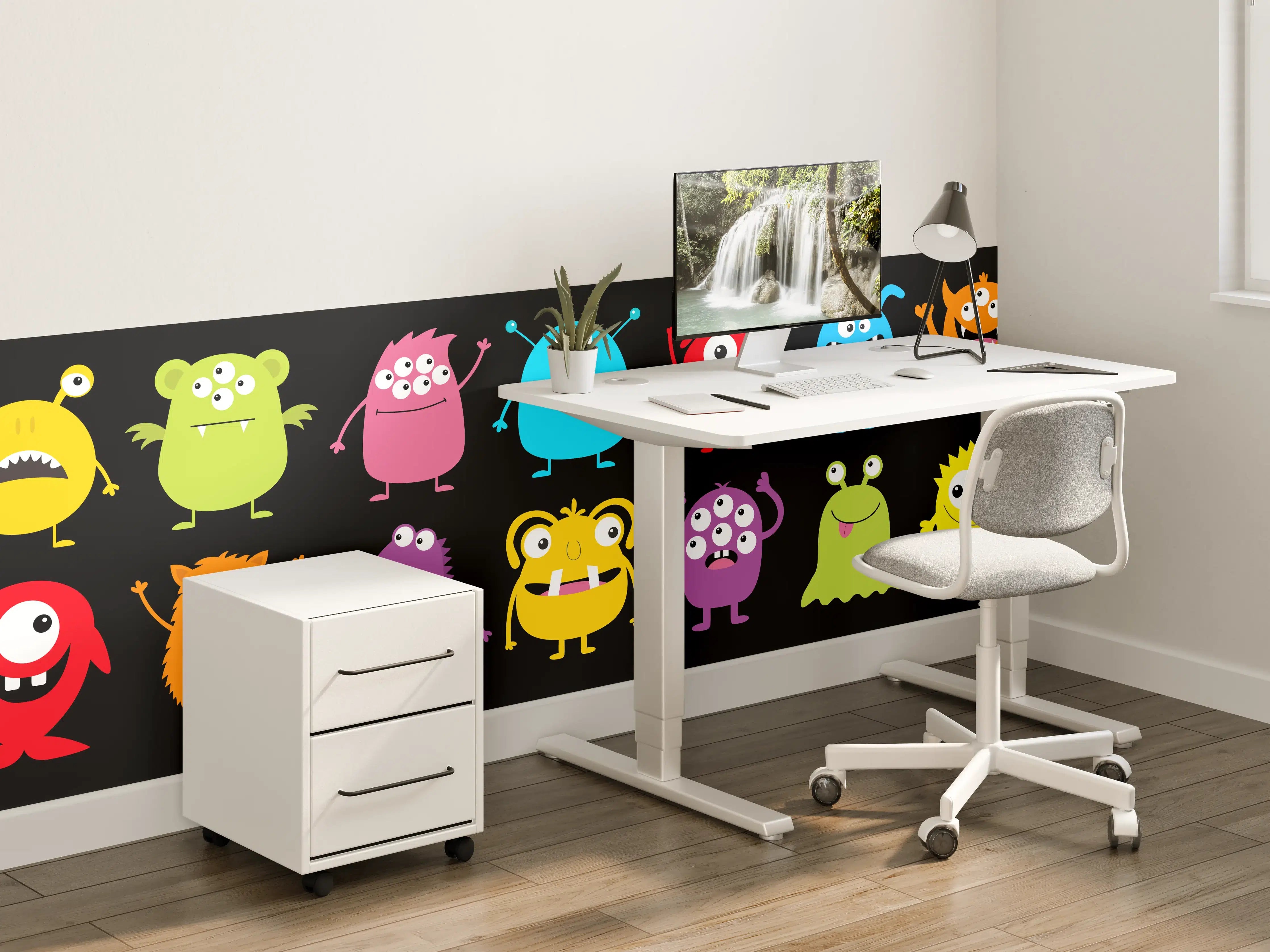 Kinderzimmer Wandgestaltung - Farbenfrohe Monster-Charaktere auf schwarzem Hintergrund