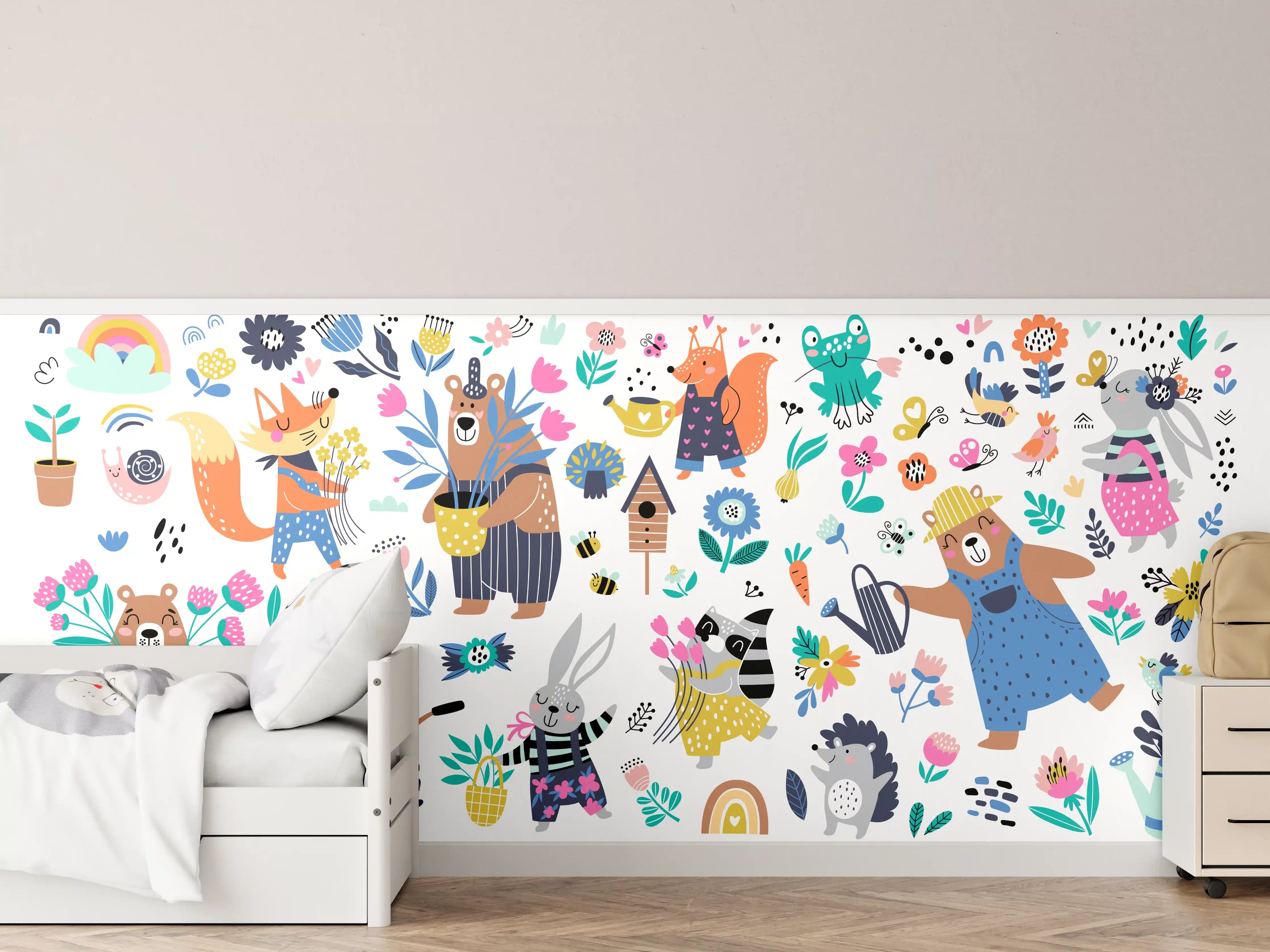 Kinderzimmer Wandgestaltung - Farbenfrohe Tierwelt mit Blumen und Naturmotiven