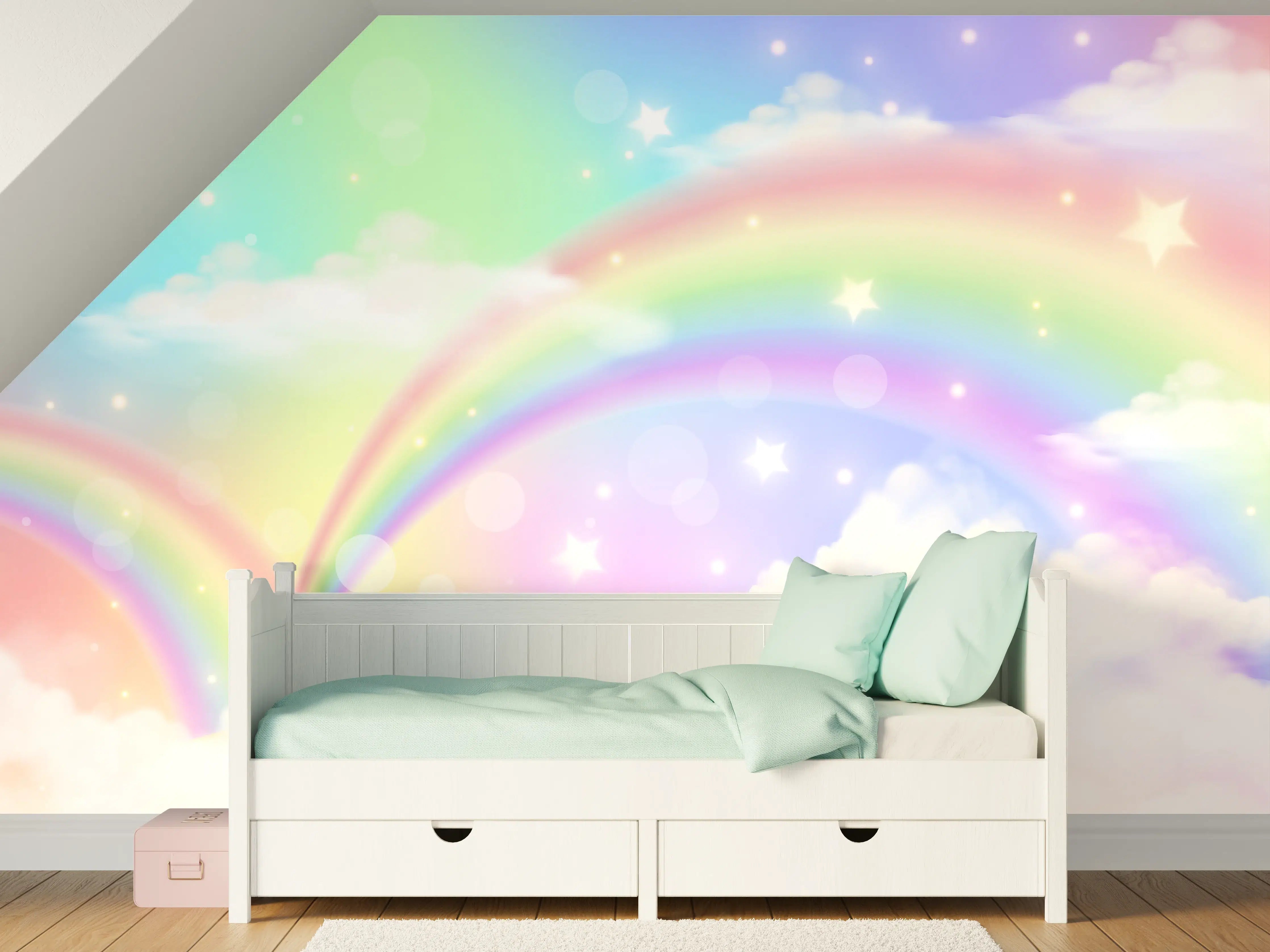 Kinderzimmer Wandgestaltung - Farbenfroher Regenbogen im Himmel