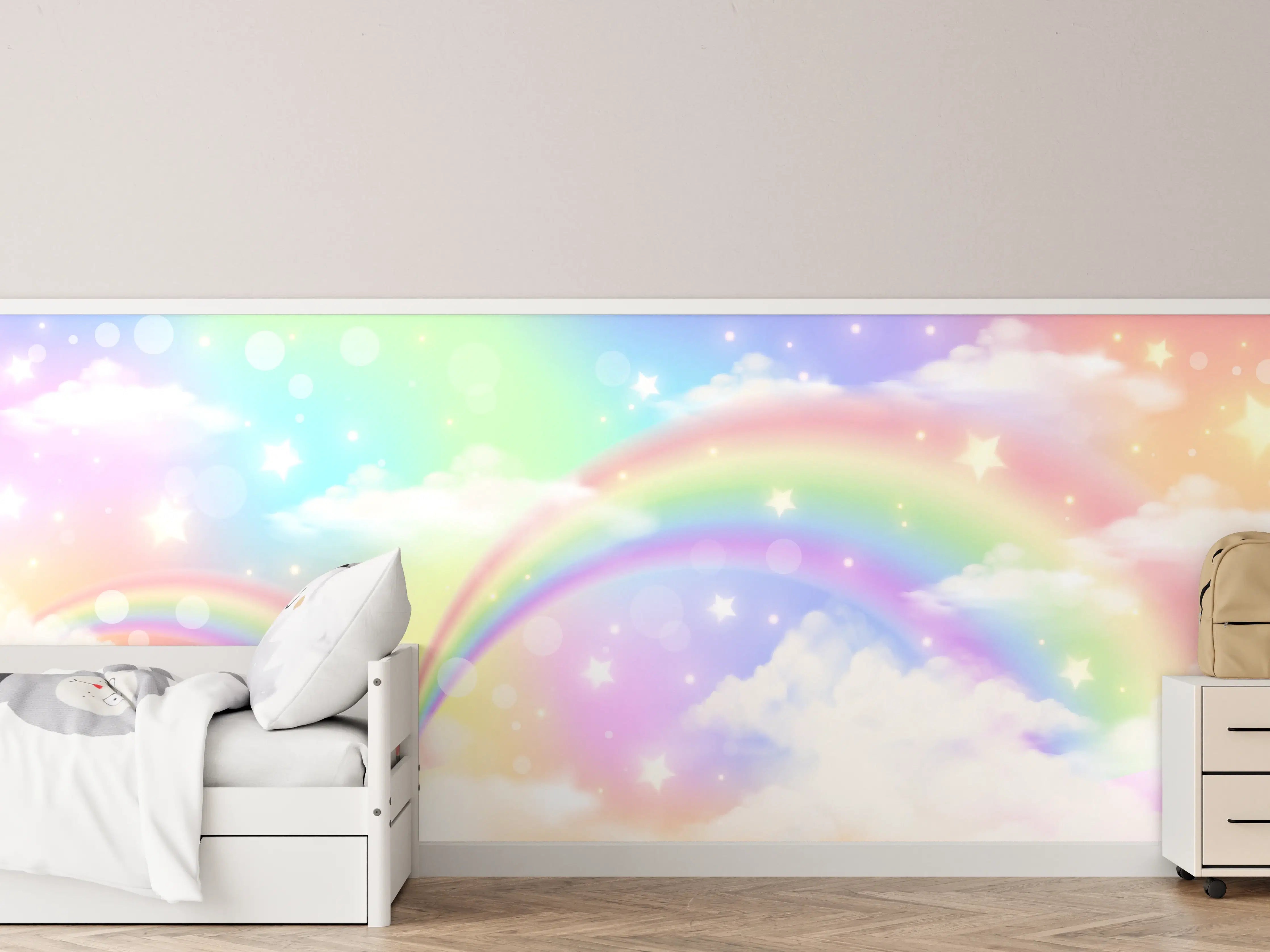 Kinderzimmer Wandgestaltung - Farbenfroher Regenbogen im Himmel