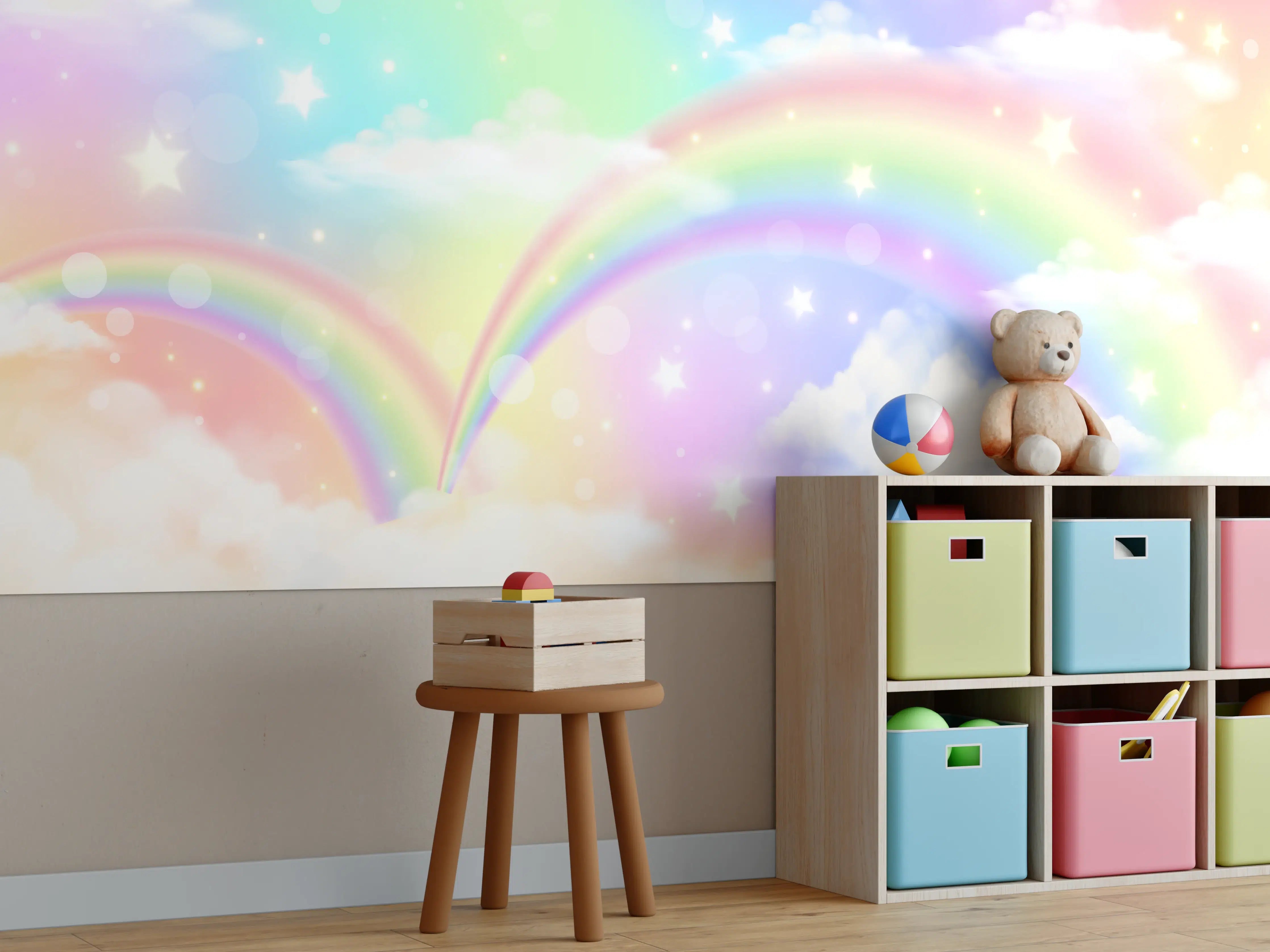 Kinderzimmer Wandgestaltung - Farbenfroher Regenbogen im Himmel