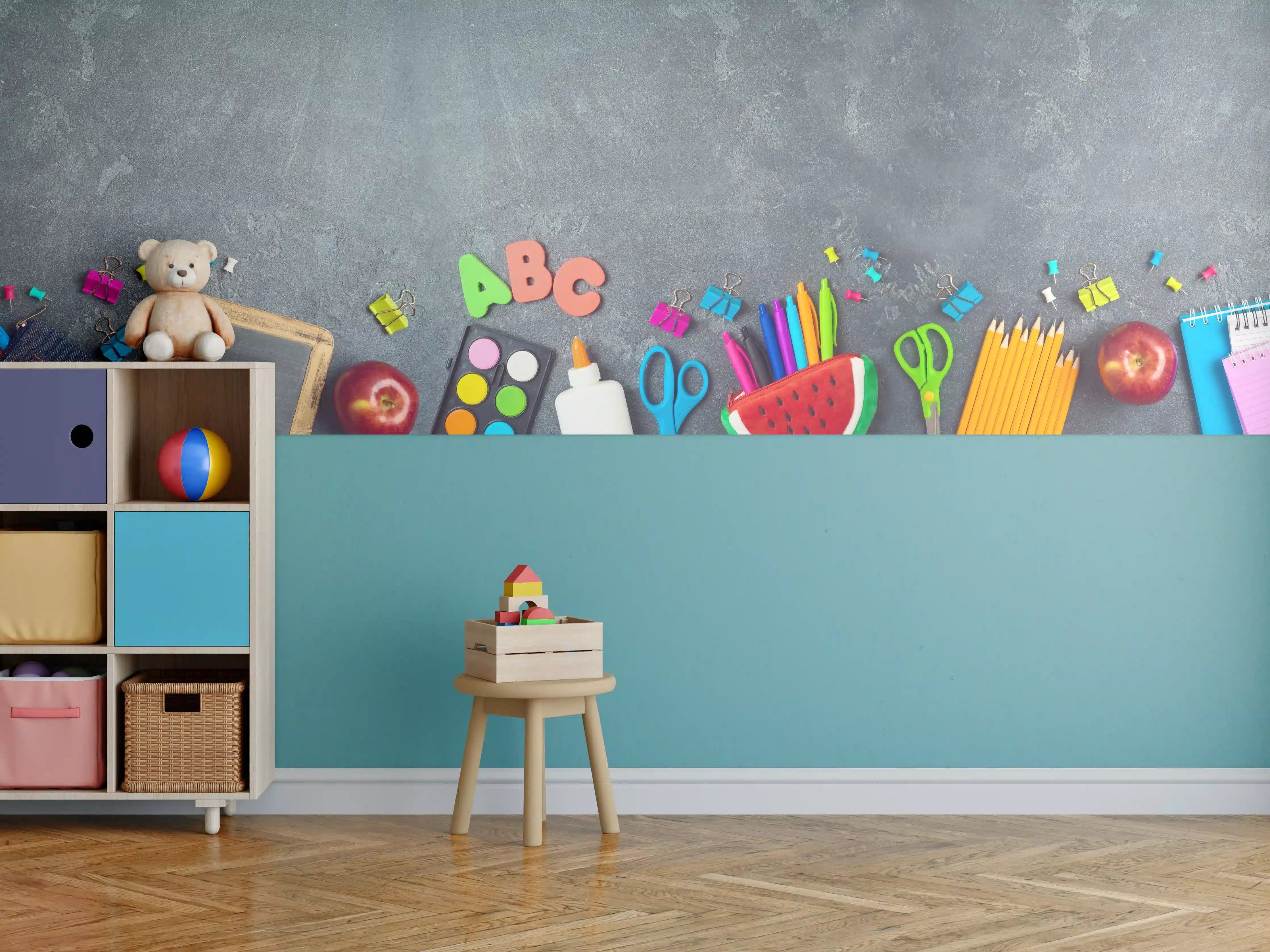 Kinderzimmer Wandgestaltung - Farbenfroher Schulstart auf Tafel