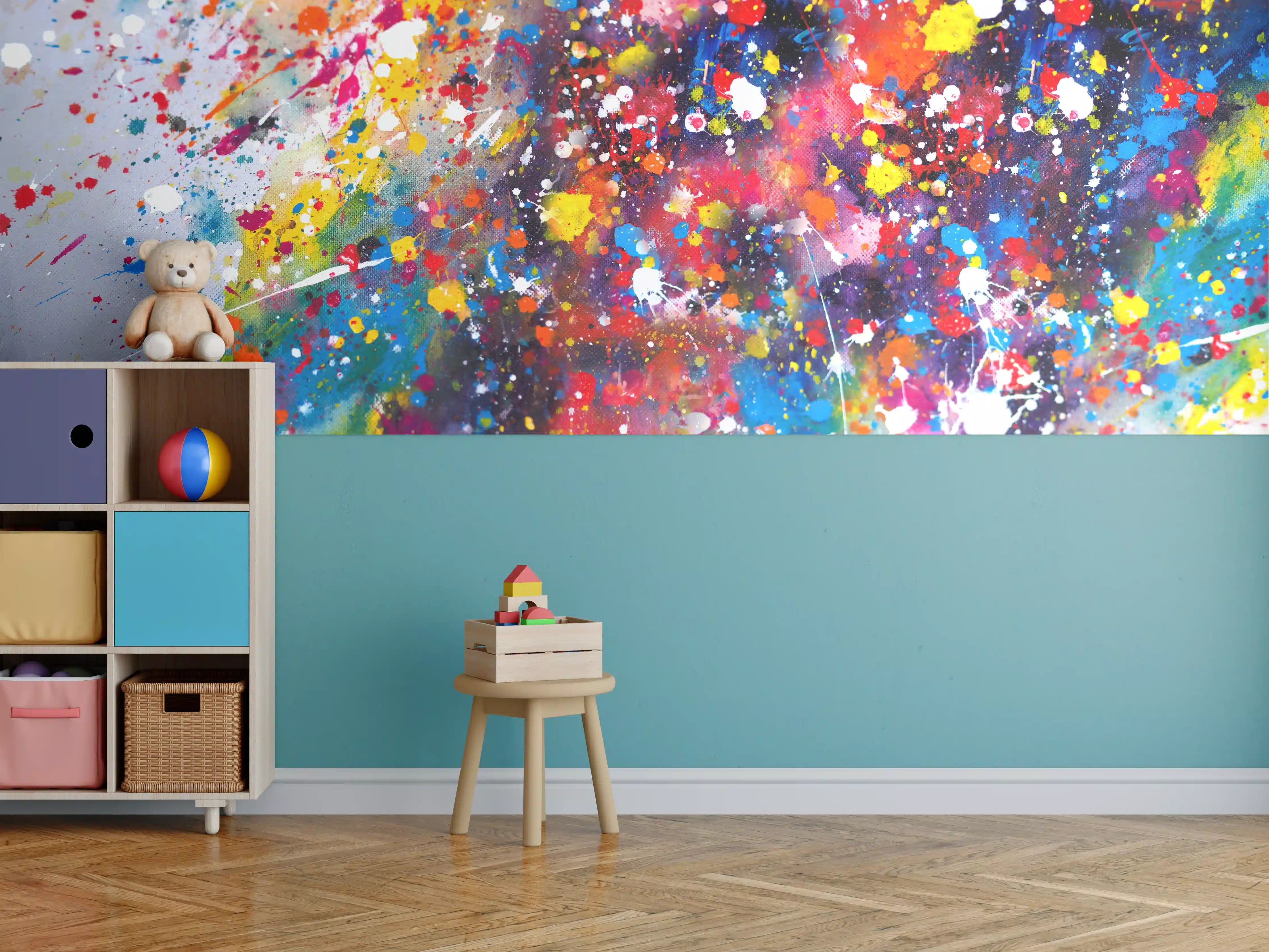 Kinderzimmer Wandgestaltung - Farbenfrohes Acryl-Splatterkunstwerk