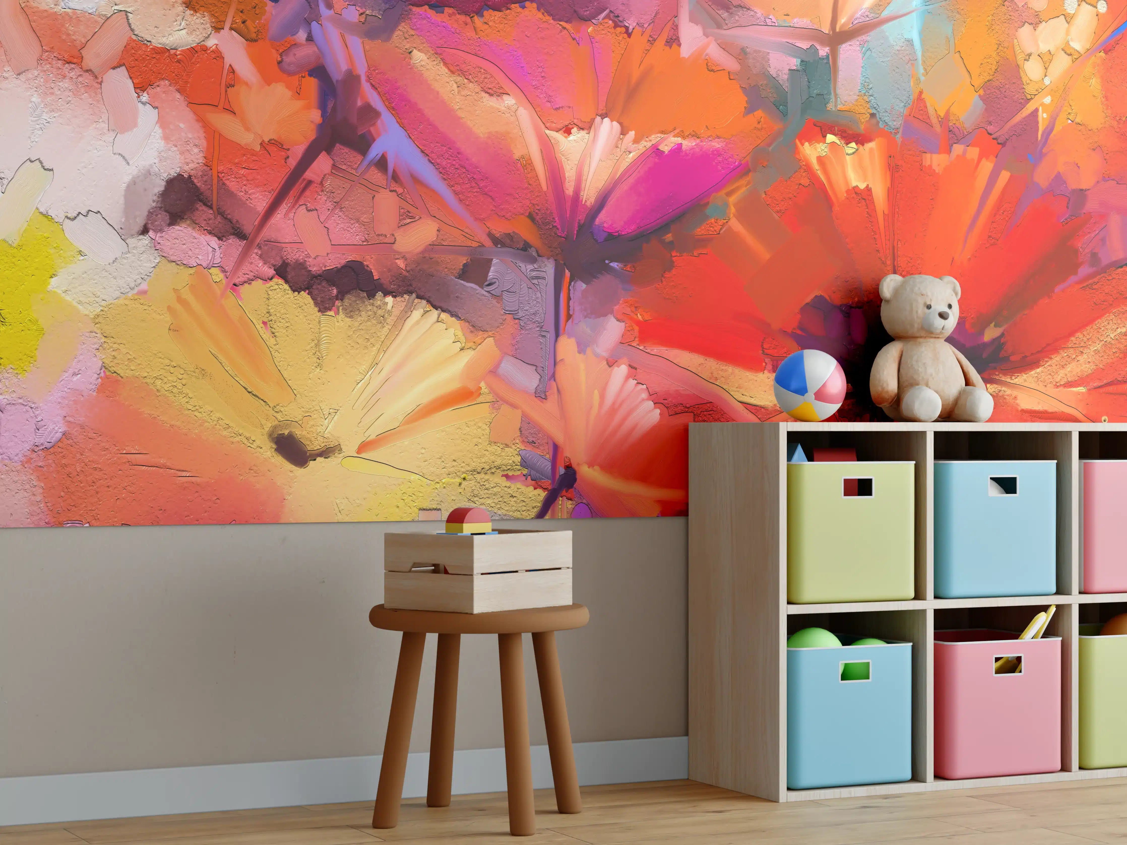 Kinderzimmer Wandgestaltung - Farbenfrohes Gemälde von Frühlingsblumen