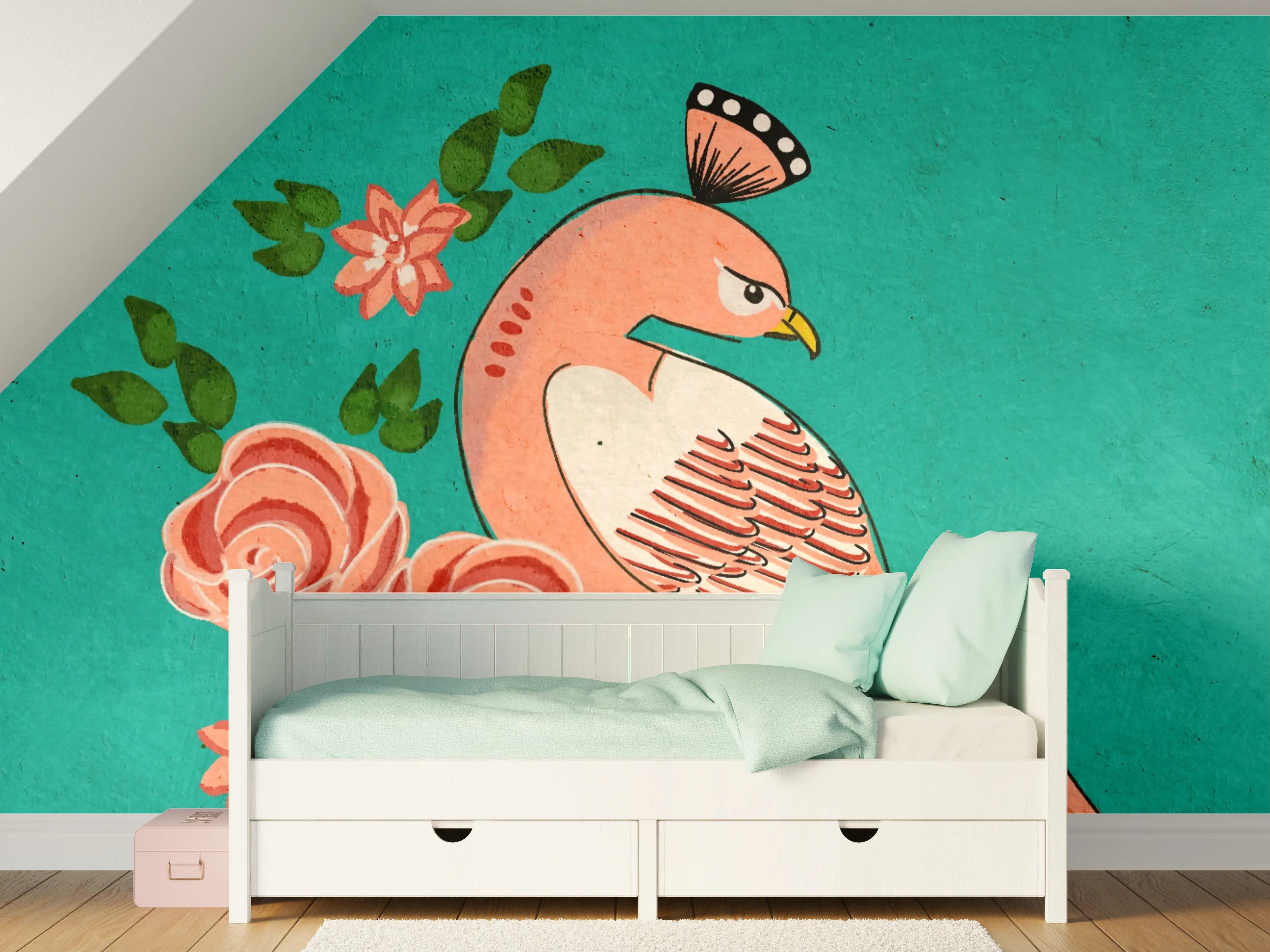 Kinderzimmer Wandgestaltung - Farbkräftiger Papagei mit Blumen