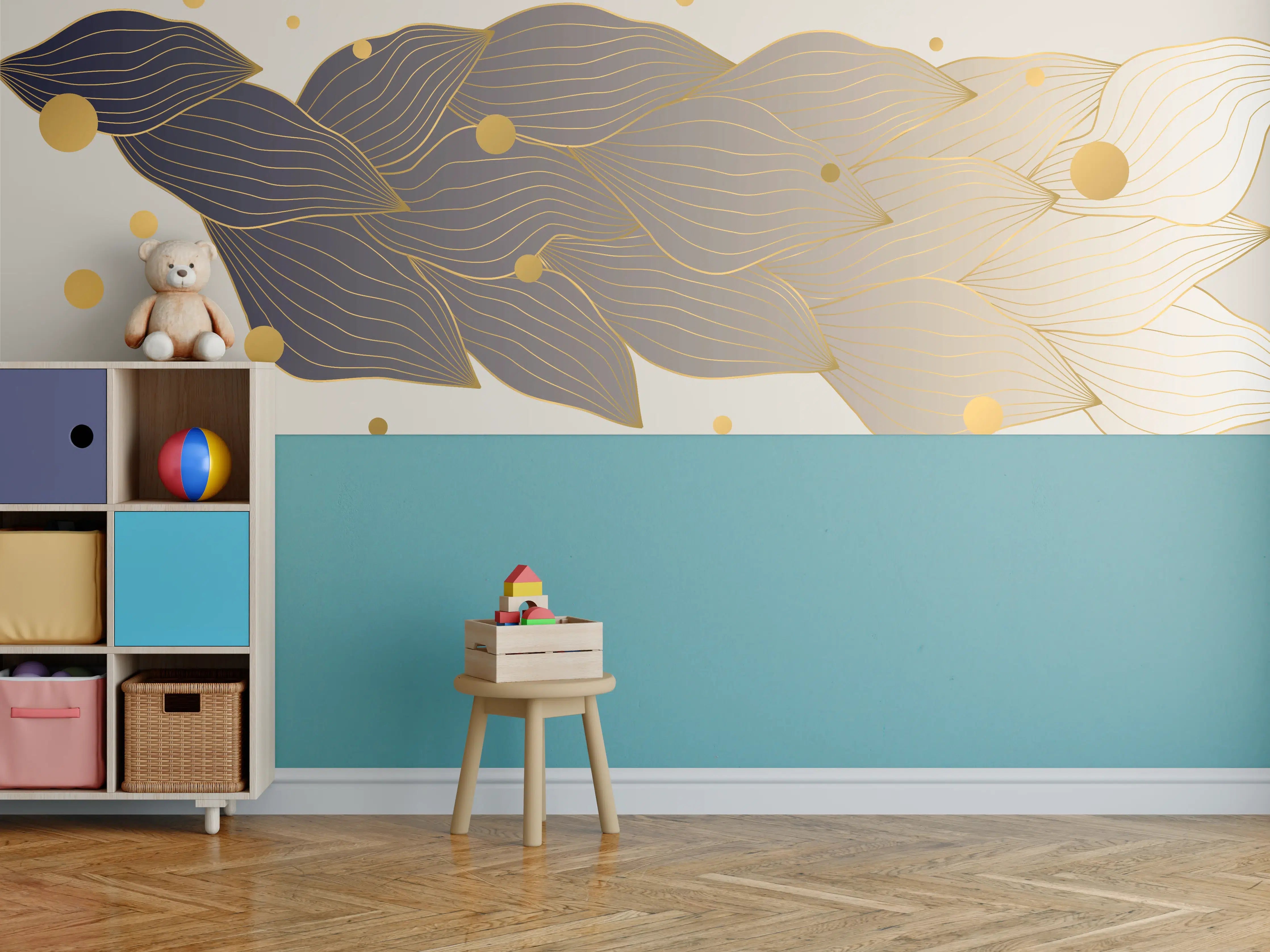 Kinderzimmer Wandgestaltung - Feine Goldlinien Kunst auf weißem Untergrund